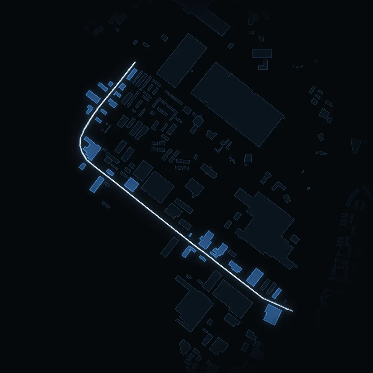 The street at night: Rörvägen drawn in white, its buildings lit in the colour of their area’s income
