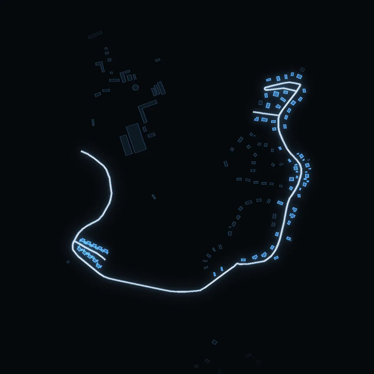 The street at night: Runstens Byväg drawn in white, its buildings lit in the colour of their area’s income