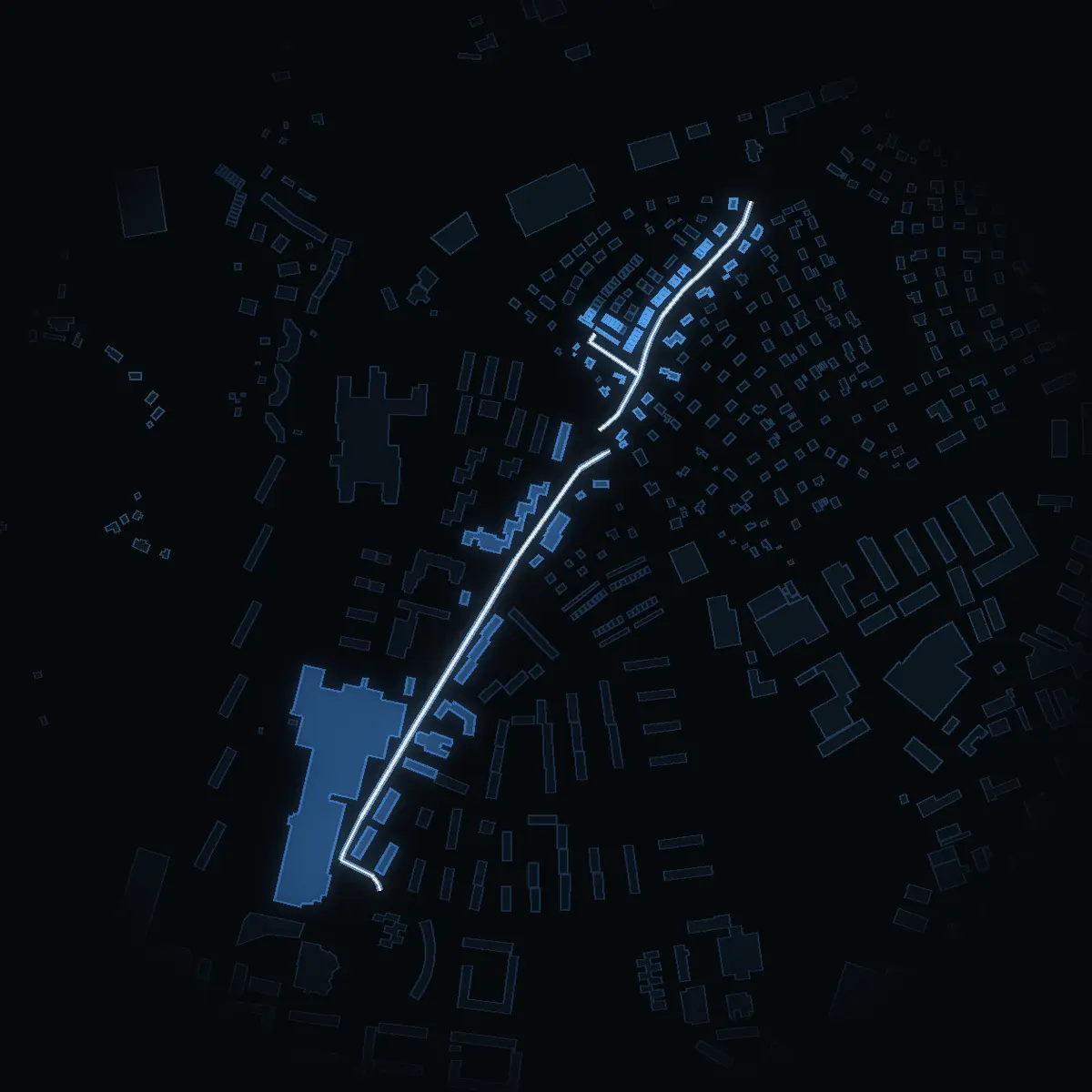 The street at night: Runstensvägen drawn in white, its buildings lit in the colour of their area’s income