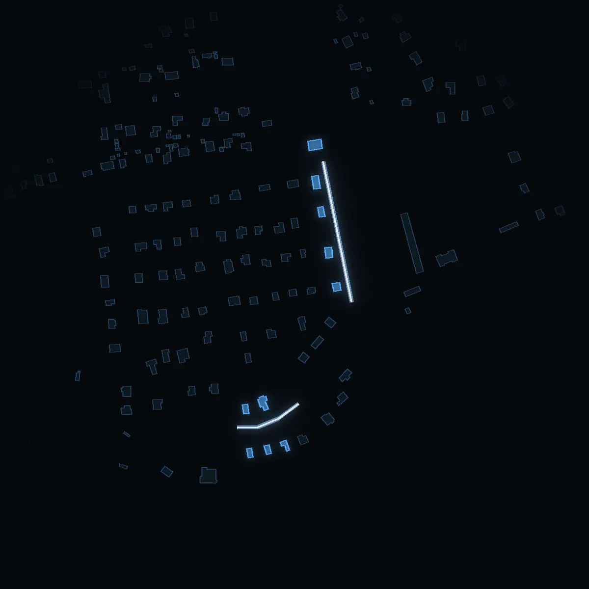 The street at night: Simmarstigen drawn in white, its buildings lit in the colour of their area’s income