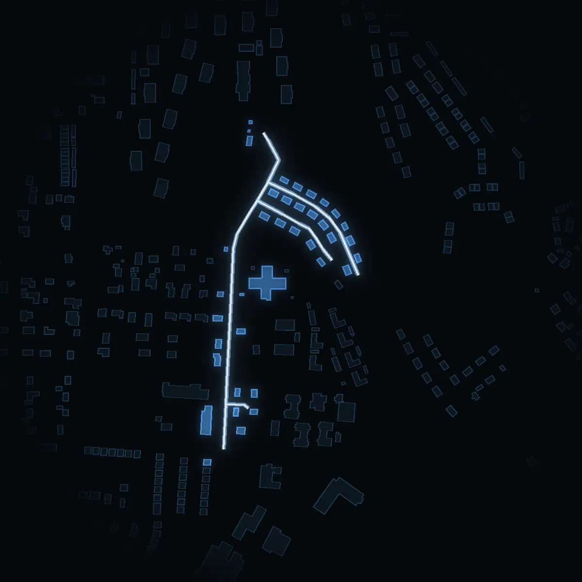 Gatan nattetid: Skepparvägen inritad i vitt, husen tända i färgen för områdets inkomst