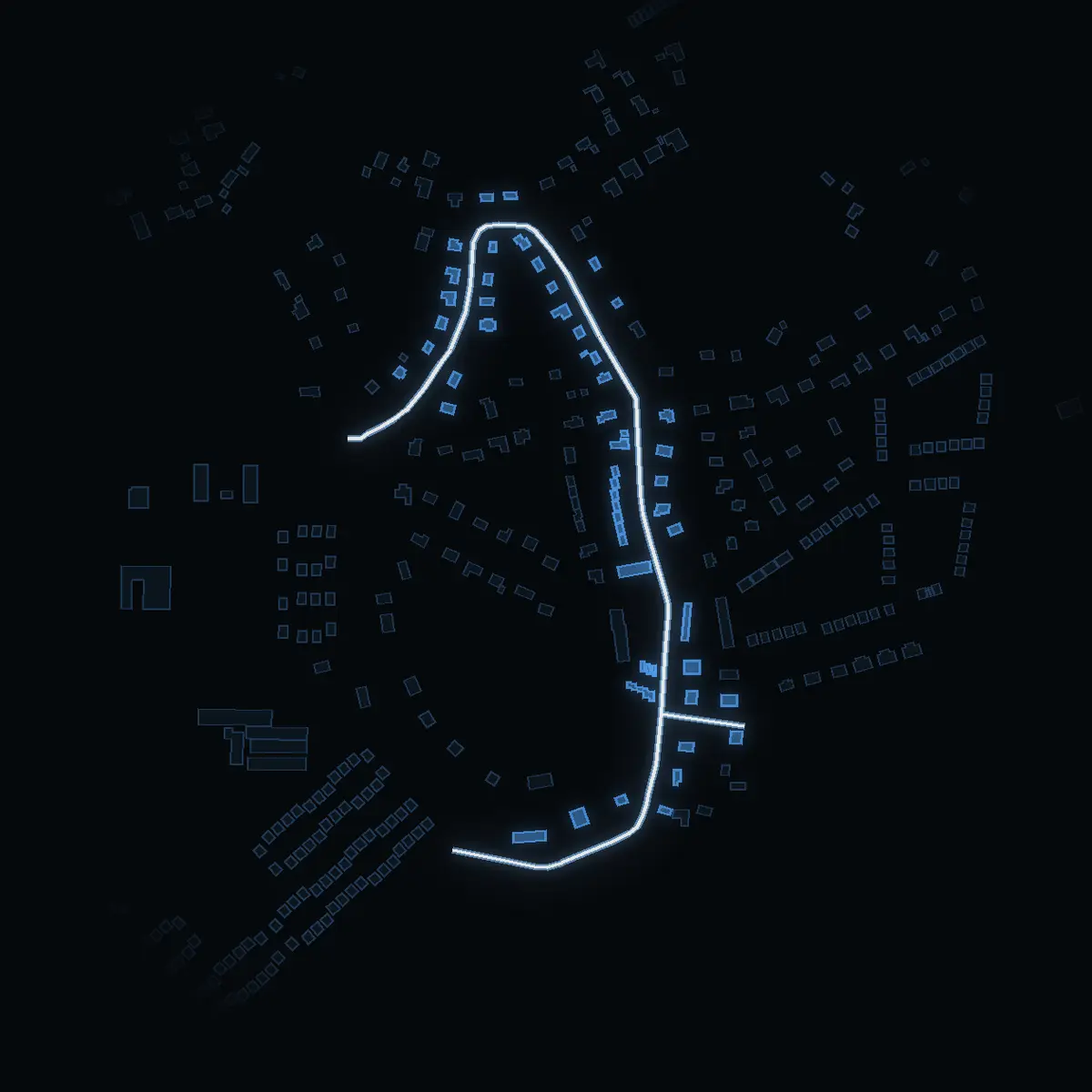 The street at night: Skogsvägen drawn in white, its buildings lit in the colour of their area’s income