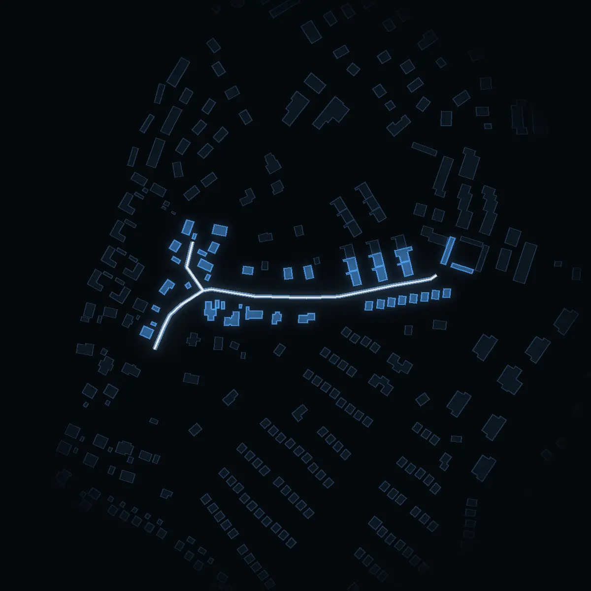 The street at night: Skolrådsvägen drawn in white, its buildings lit in the colour of their area’s income