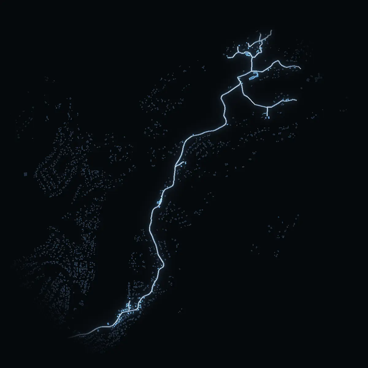 The street at night: Smådalarövägen drawn in white, its buildings lit in the colour of their area’s income