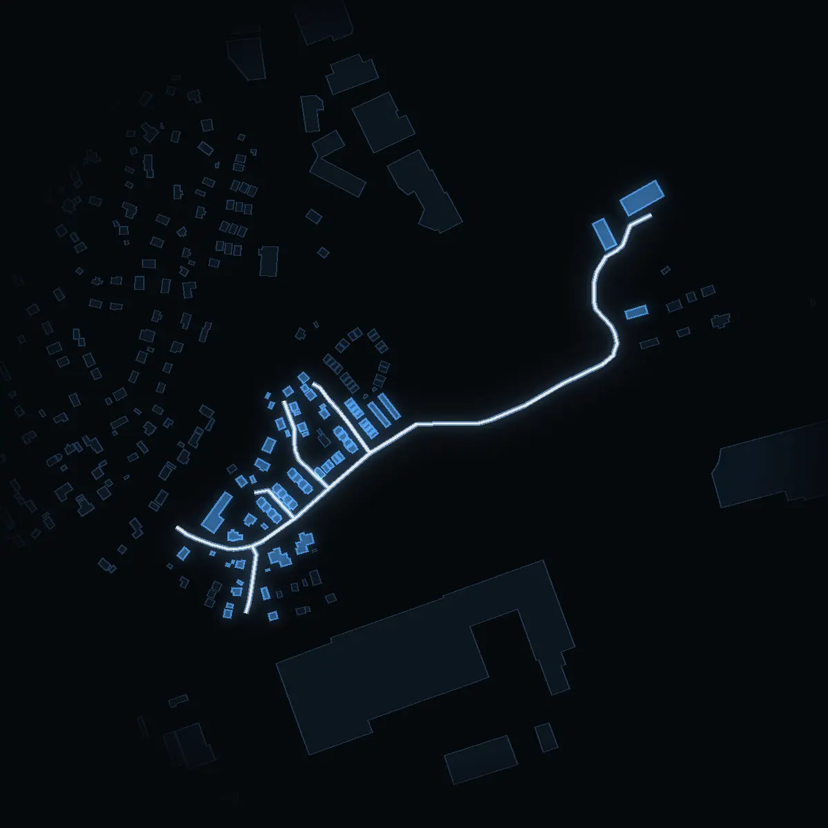 The street at night: Söderby parkväg drawn in white, its buildings lit in the colour of their area’s income