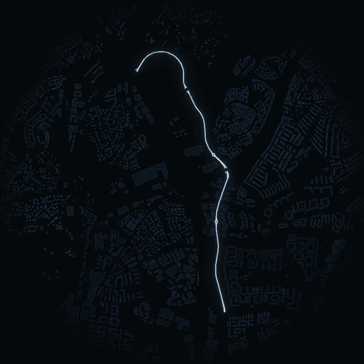 The street at night: Söderbyleden drawn in white, its buildings lit in the colour of their area’s income