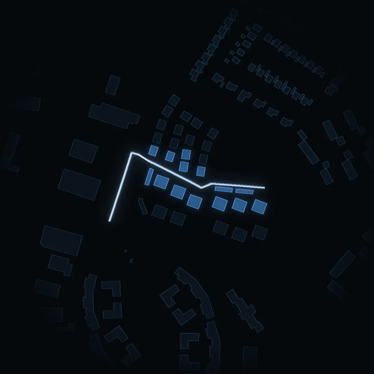 The street at night: Söderbytorpsgatan drawn in white, its buildings lit in the colour of their area’s income