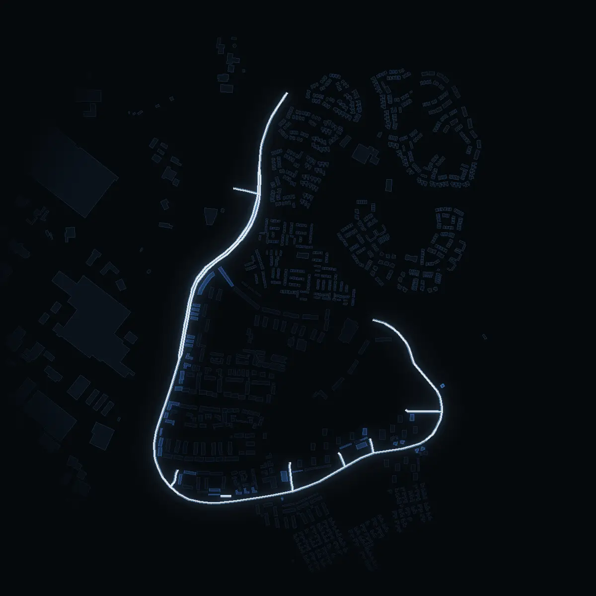 The street at night: Södra Jordbrovägen drawn in white, its buildings lit in the colour of their area’s income