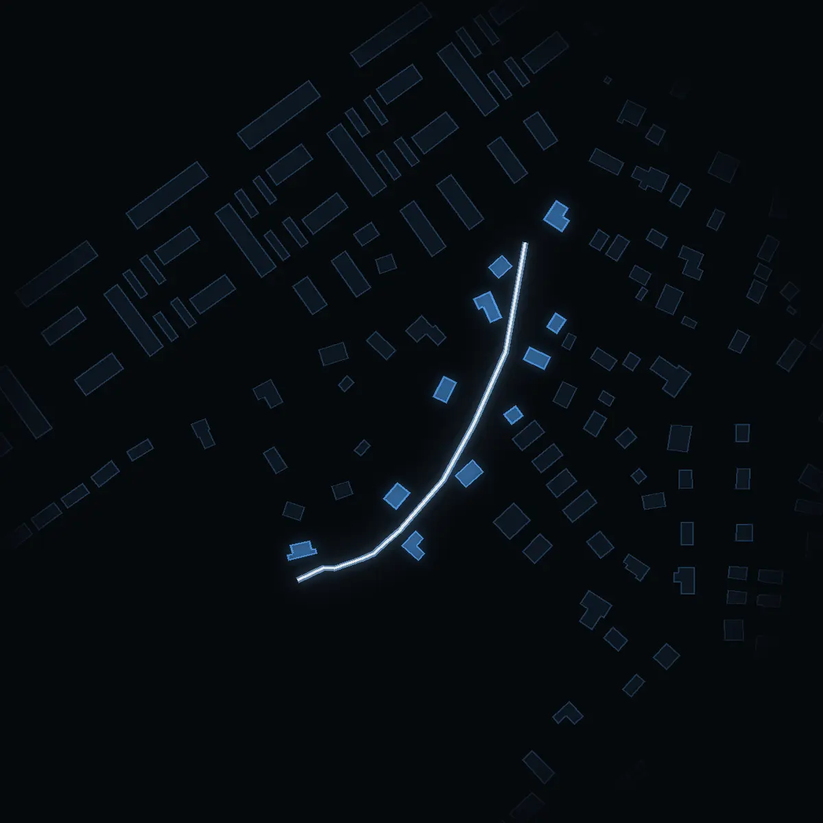 The street at night: Sommarvägen drawn in white, its buildings lit in the colour of their area’s income