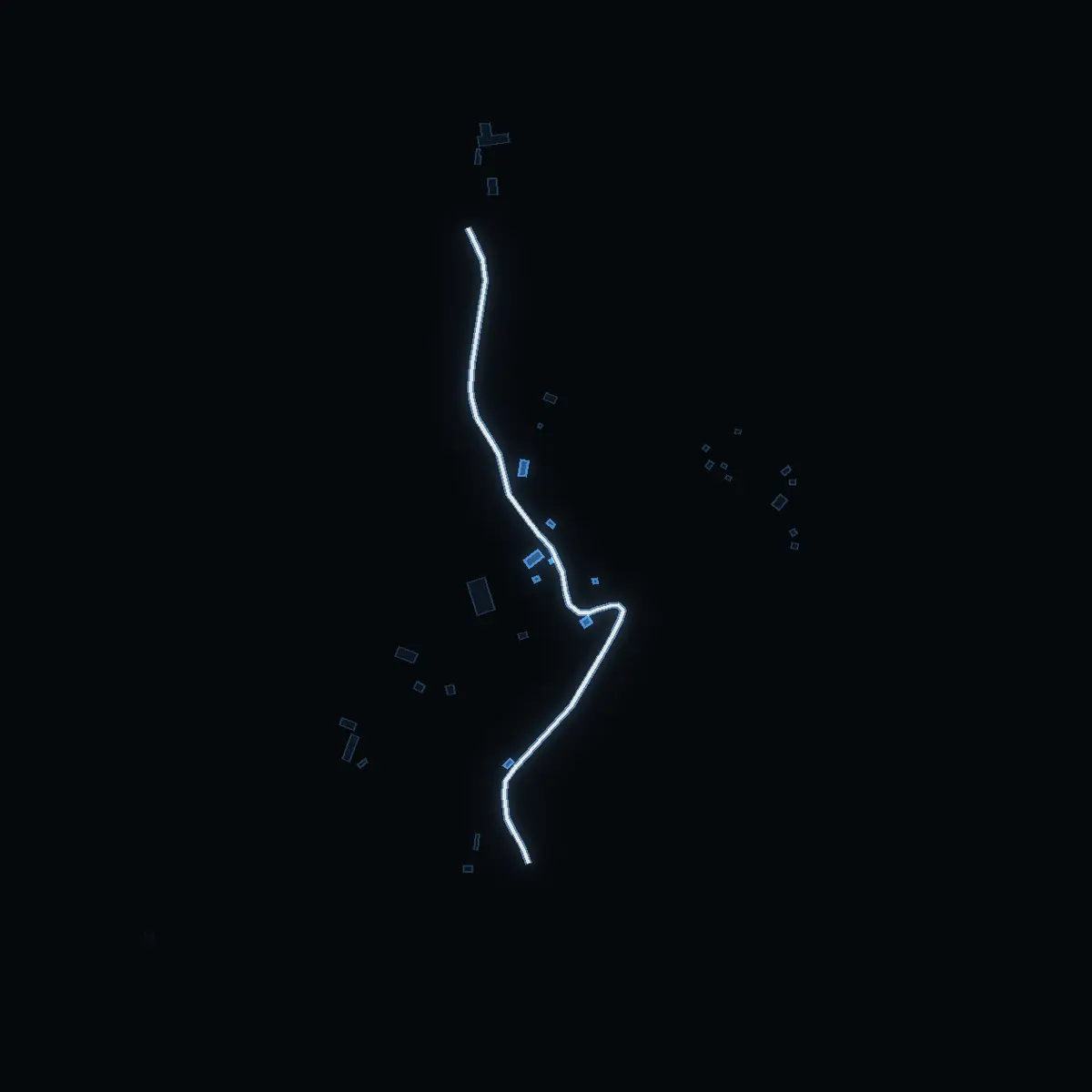 The street at night: Sotholmens byväg drawn in white, its buildings lit in the colour of their area’s income
