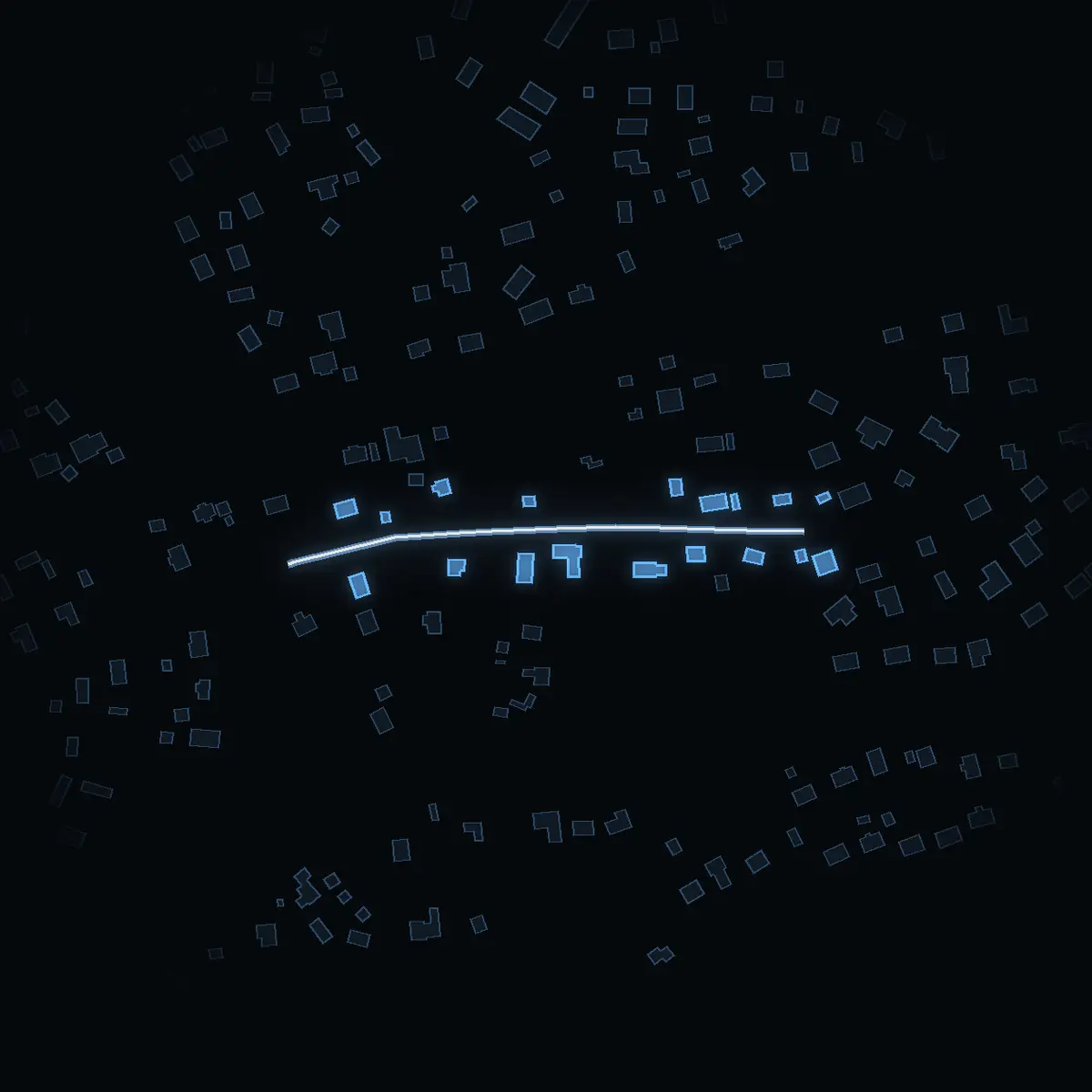The street at night: Stenbacksvägen drawn in white, its buildings lit in the colour of their area’s income