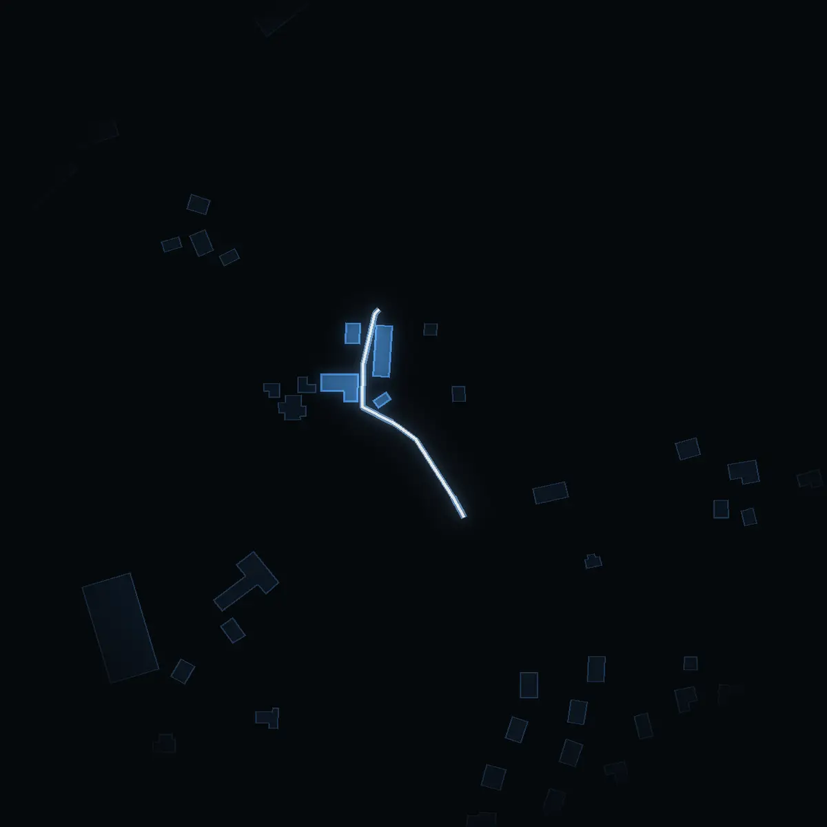The street at night: Storgårdsvägen drawn in white, its buildings lit in the colour of their area’s income