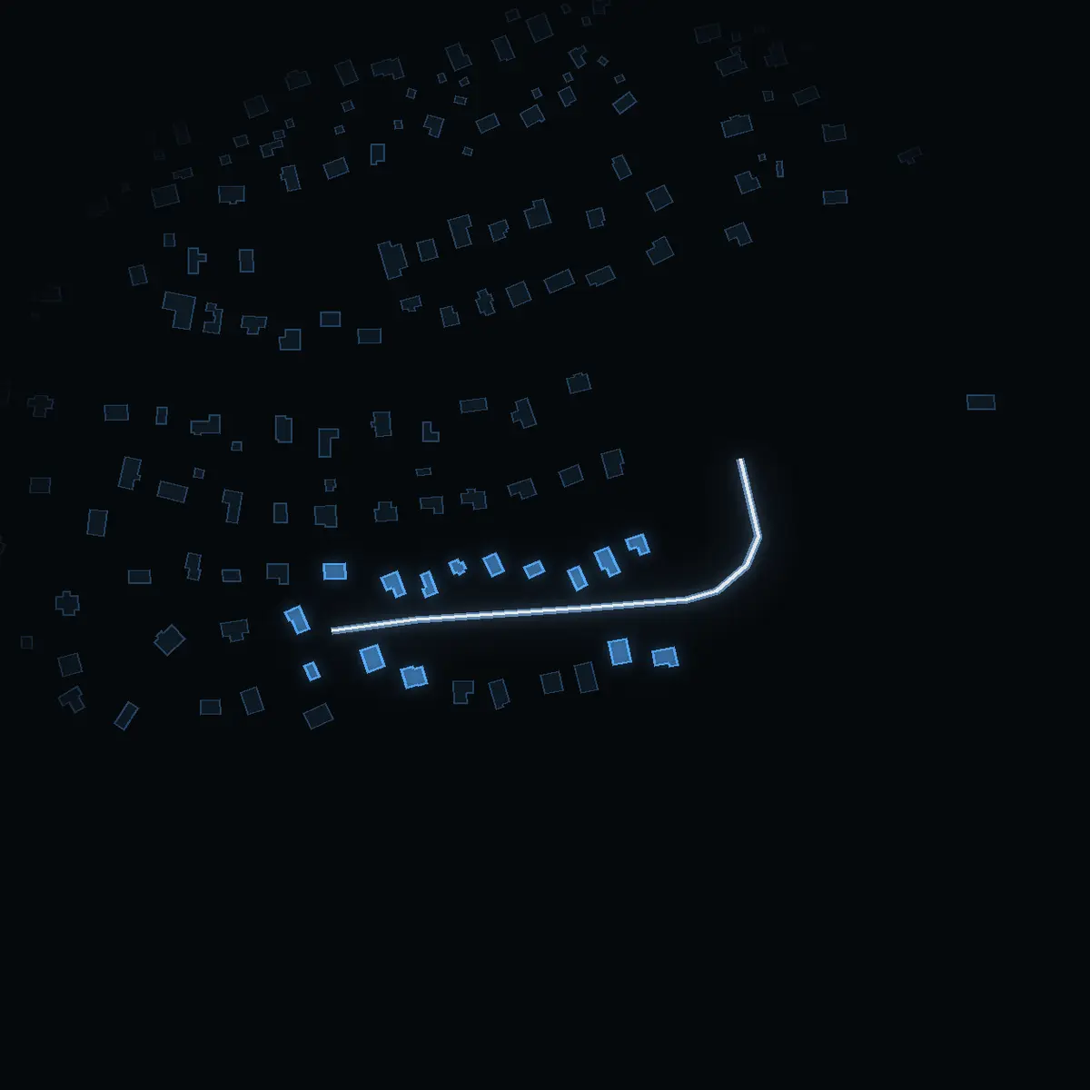 The street at night: Strandstigen drawn in white, its buildings lit in the colour of their area’s income