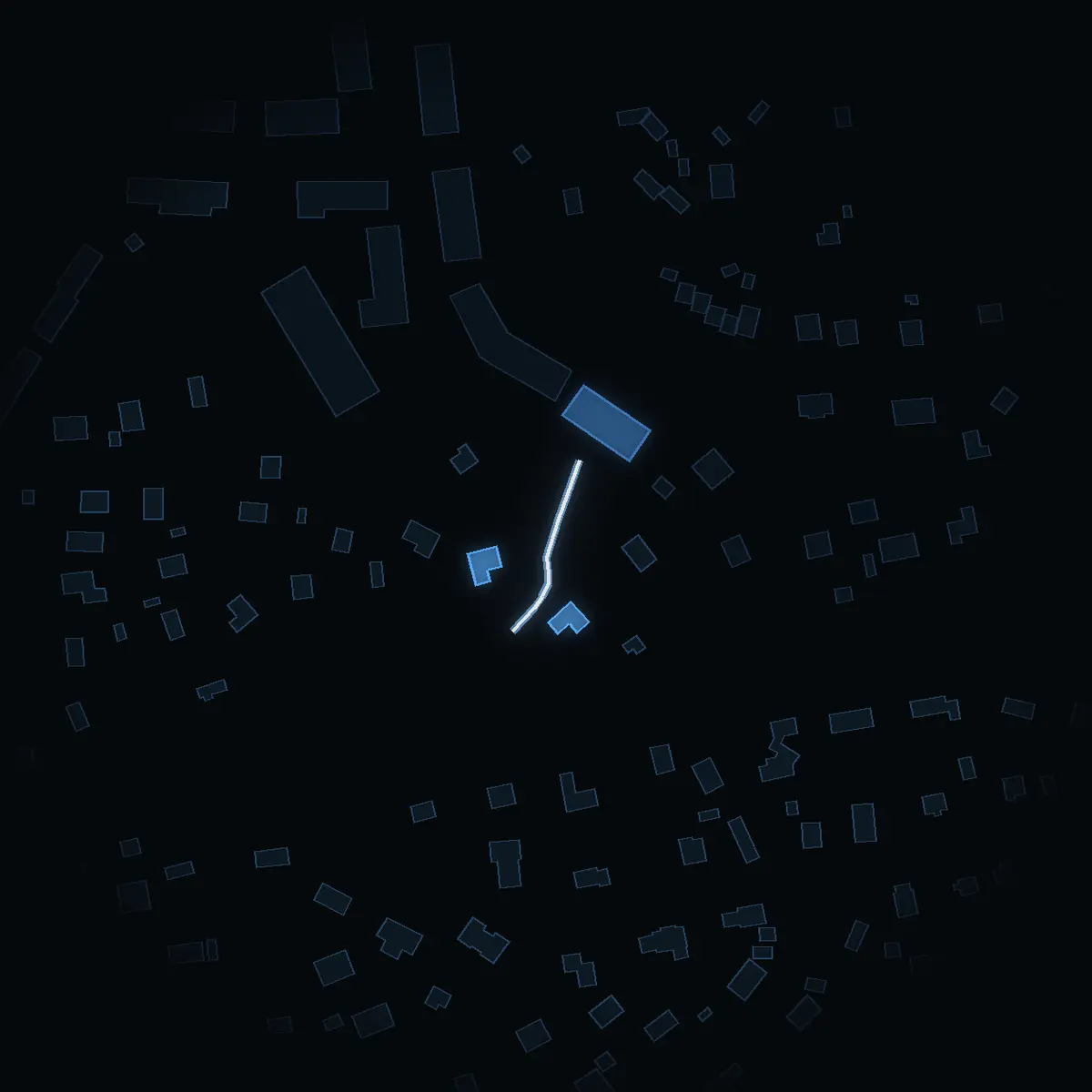 The street at night: Stybbvägen drawn in white, its buildings lit in the colour of their area’s income