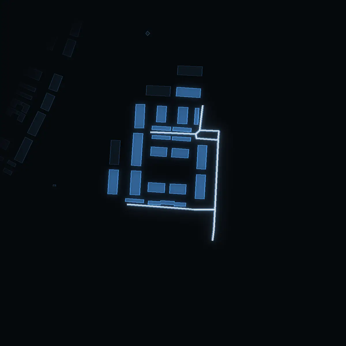The street at night: Svartbäcksgränsen drawn in white, its buildings lit in the colour of their area’s income