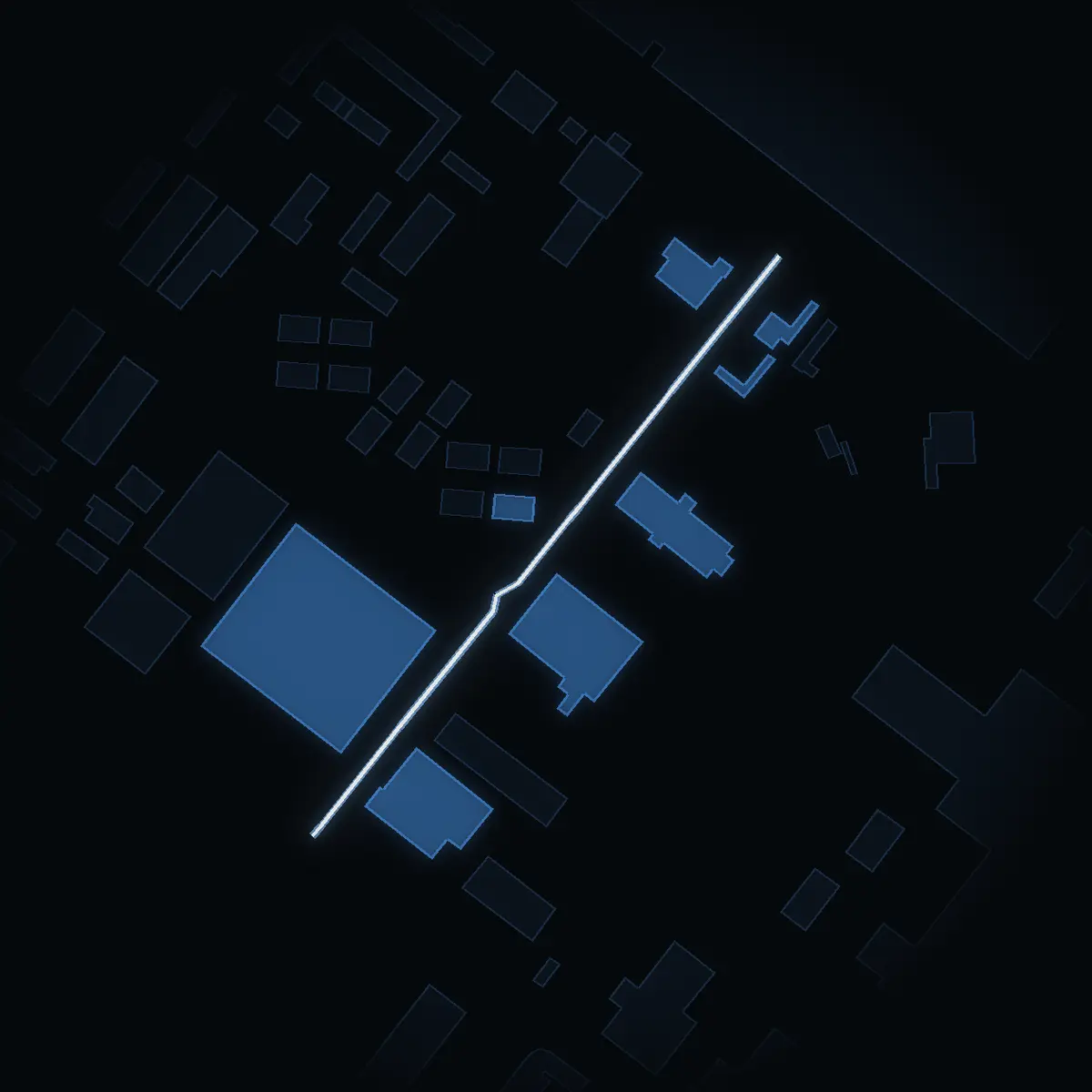 The street at night: Traversvägen drawn in white, its buildings lit in the colour of their area’s income
