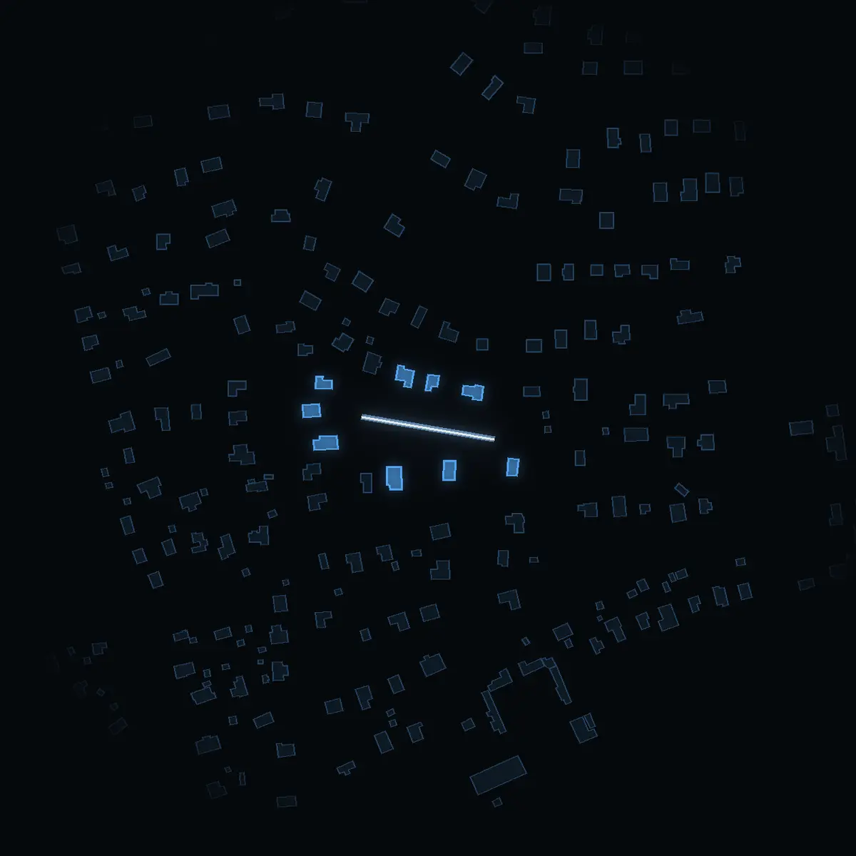 The street at night: Tryckarestigen drawn in white, its buildings lit in the colour of their area’s income