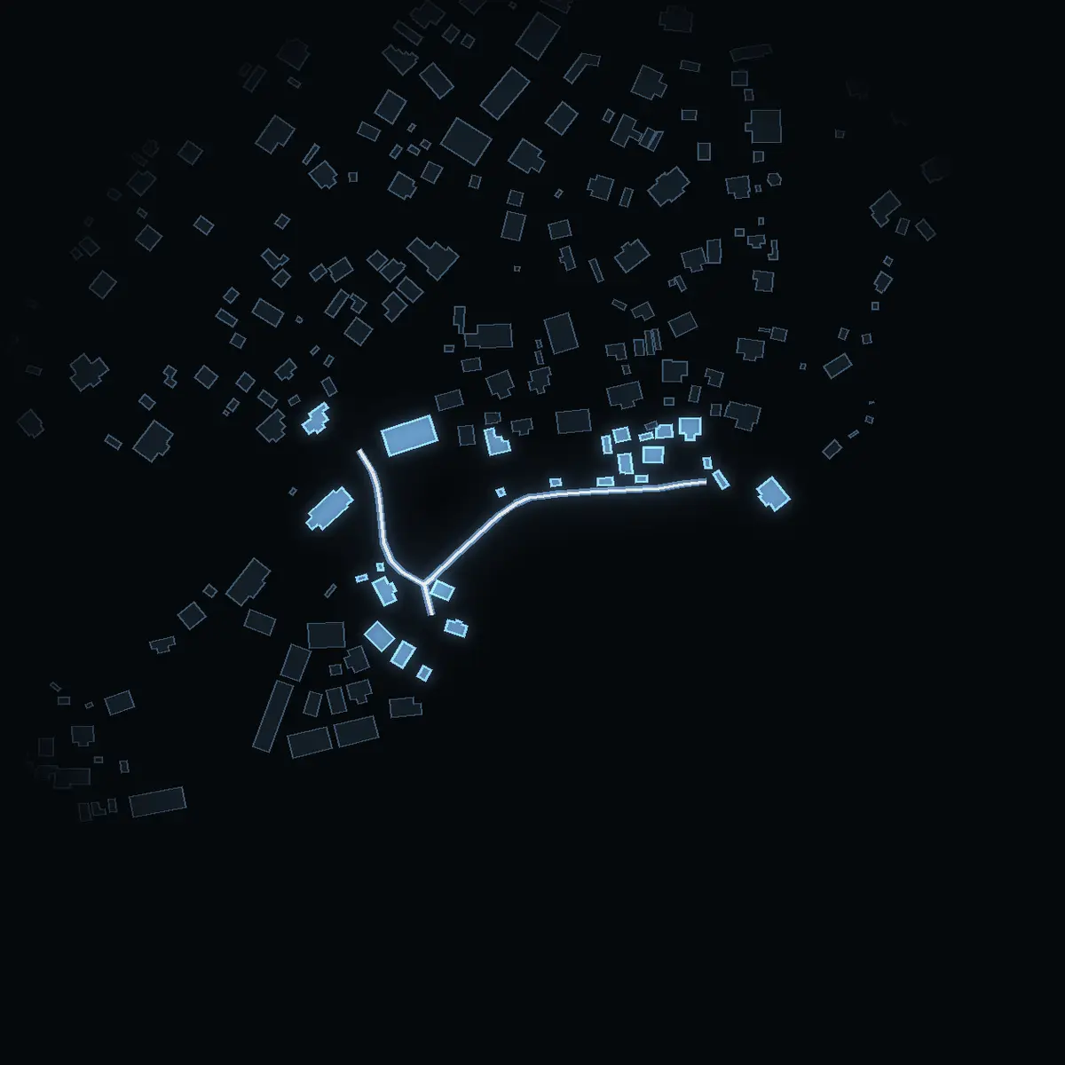 The street at night: Tullbacken drawn in white, its buildings lit in the colour of their area’s income