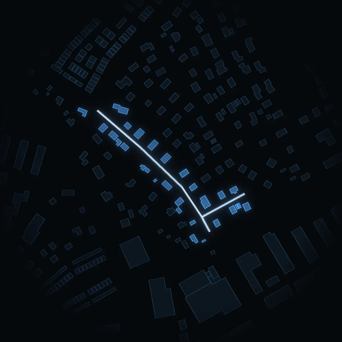 The street at night: Uttervägen drawn in white, its buildings lit in the colour of their area’s income