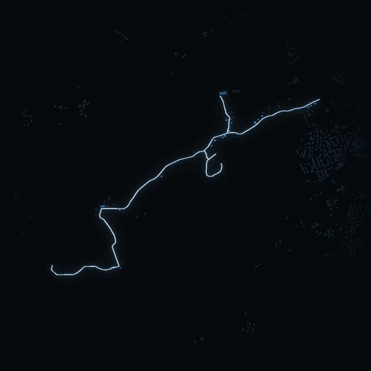 The street at night: Vädersjövägen drawn in white, its buildings lit in the colour of their area’s income