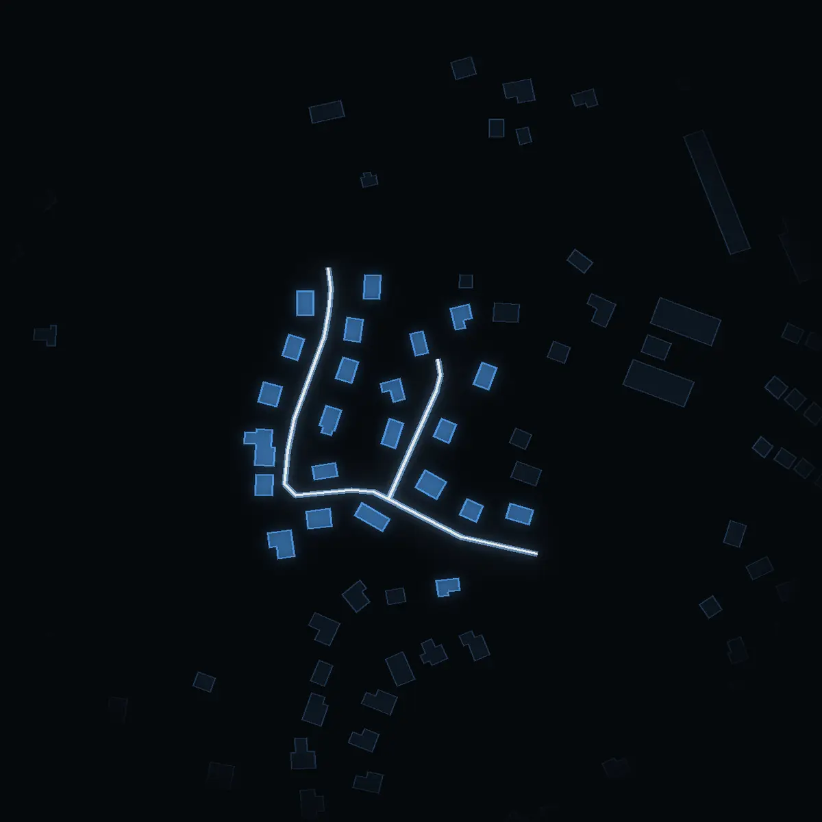 The street at night: Varpavägen drawn in white, its buildings lit in the colour of their area’s income