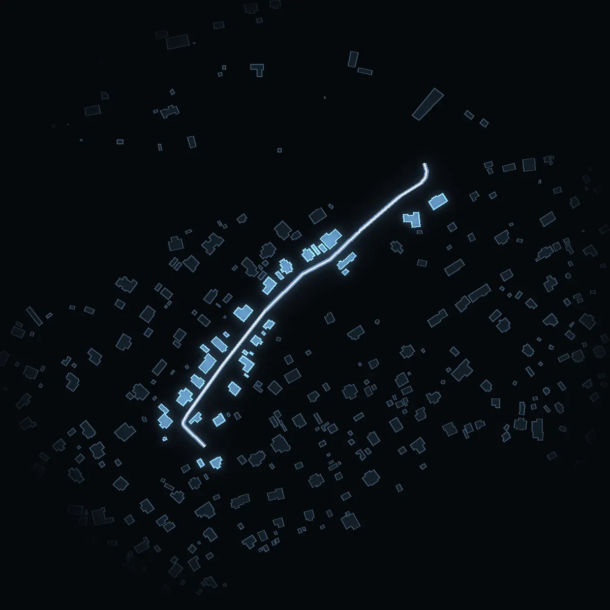 The street at night: Vasavägen drawn in white, its buildings lit in the colour of their area’s income