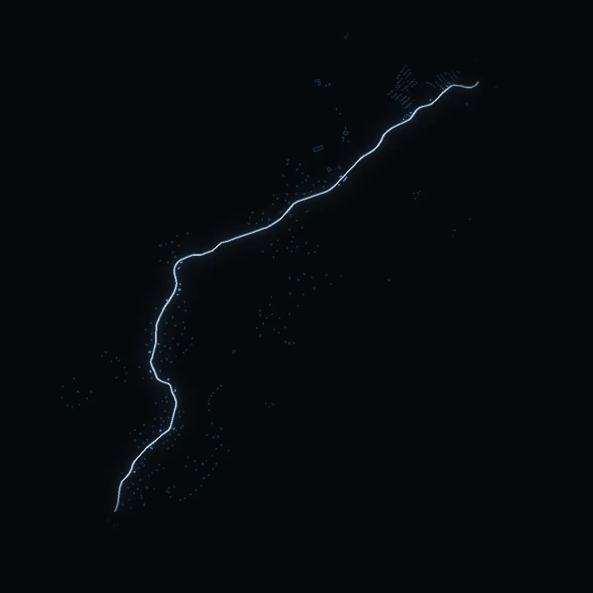 The street at night: Ådravägen drawn in white, its buildings lit in the colour of their area’s income