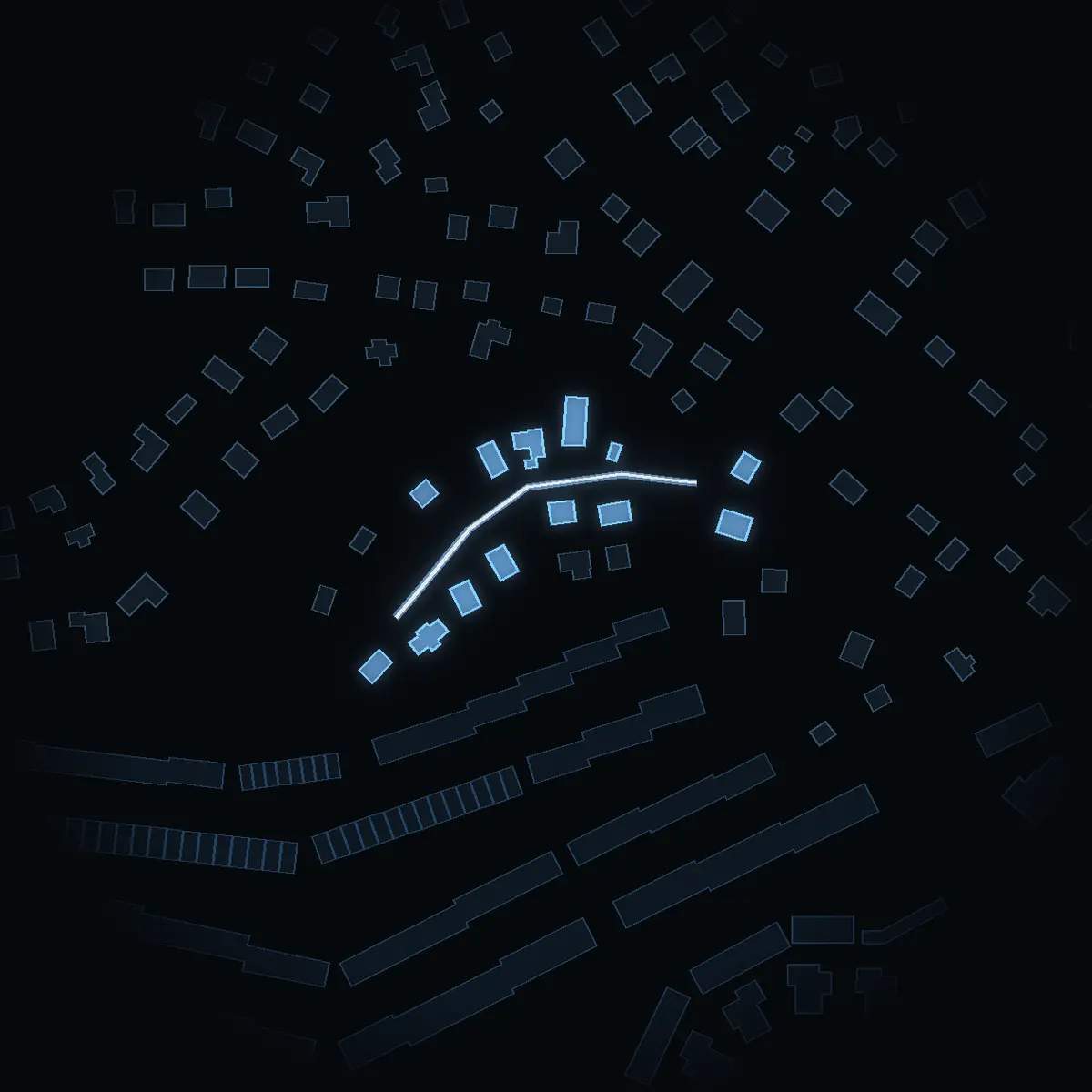 The street at night: Ägostigen drawn in white, its buildings lit in the colour of their area’s income