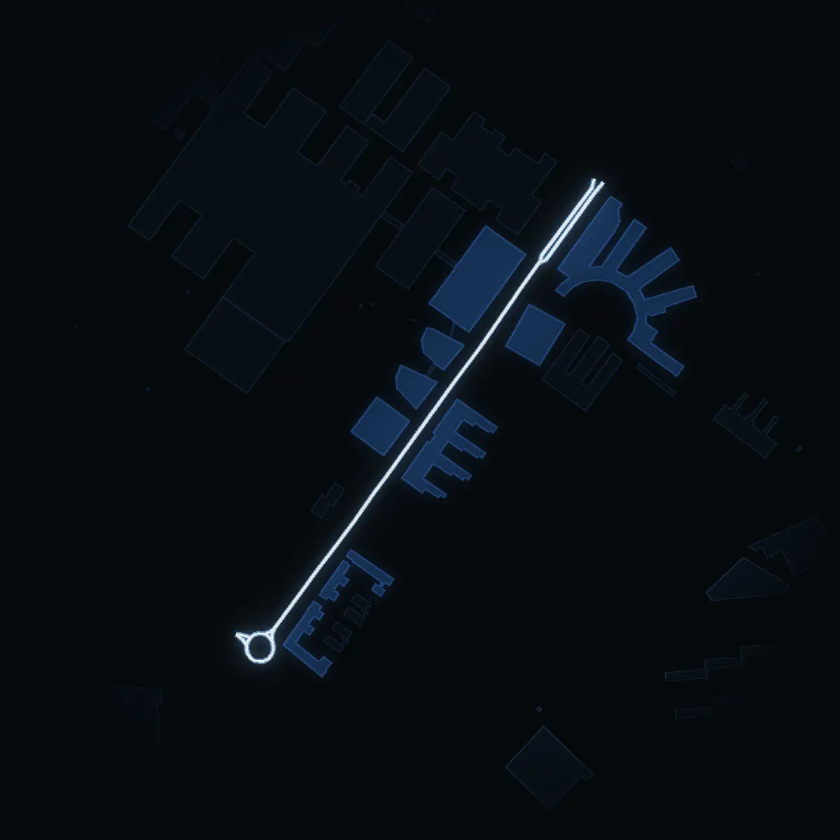 The street at night: Alfred Nobels Allé drawn in white, its buildings lit in the colour of their area’s income