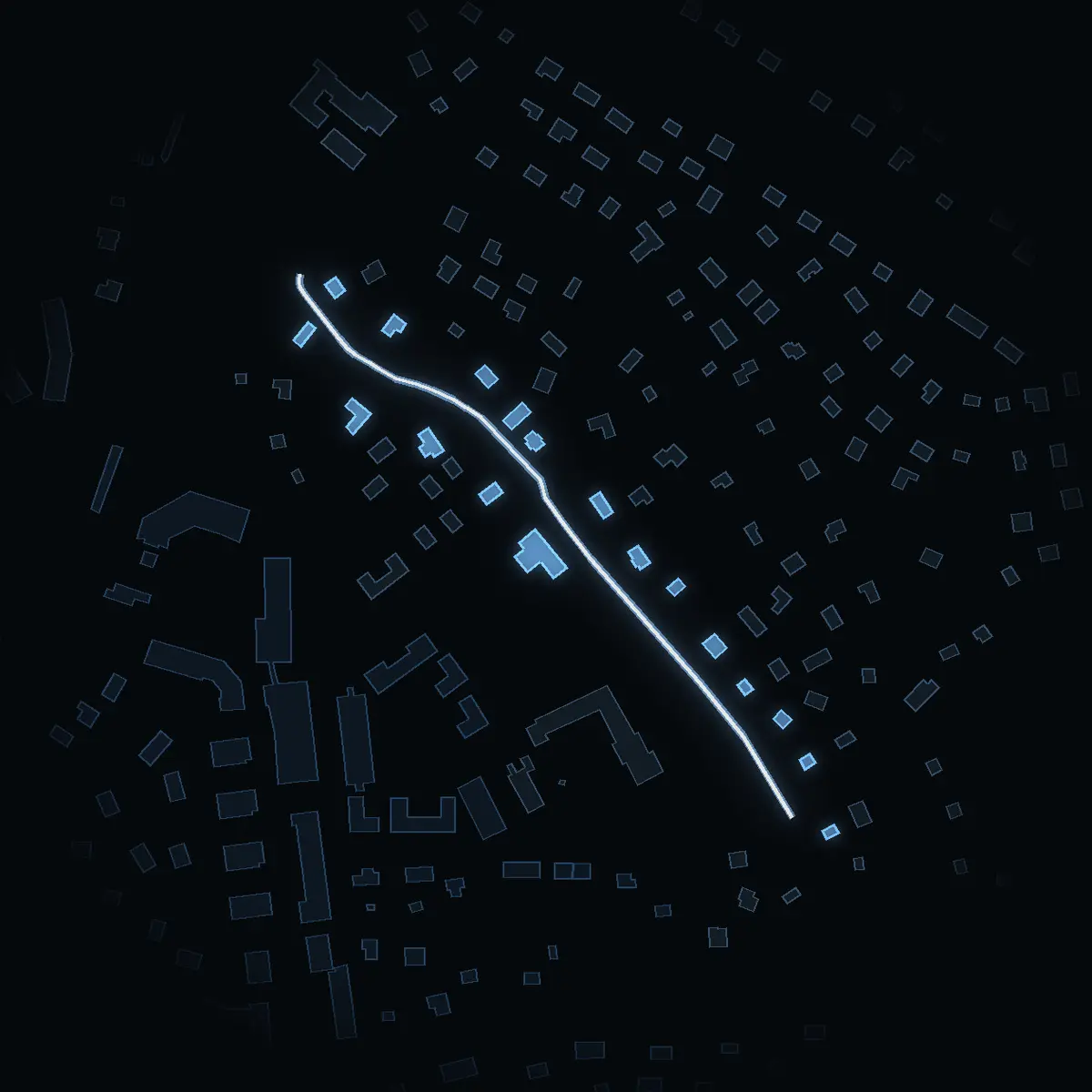 The street at night: Älgvägen drawn in white, its buildings lit in the colour of their area’s income