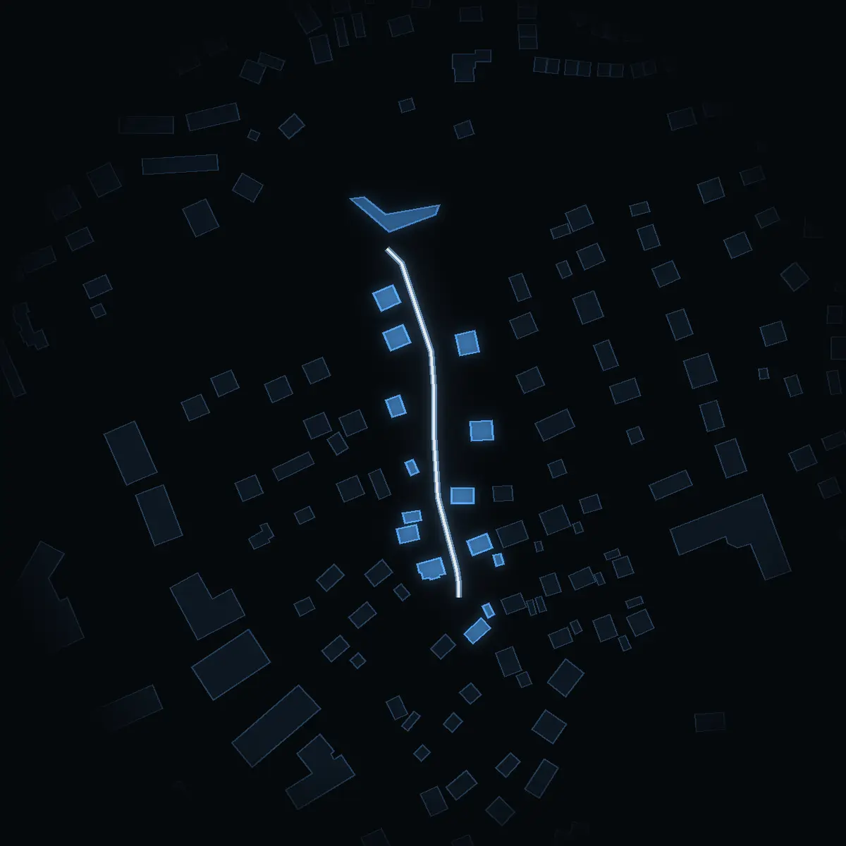 The street at night: Altartorpsvägen drawn in white, its buildings lit in the colour of their area’s income