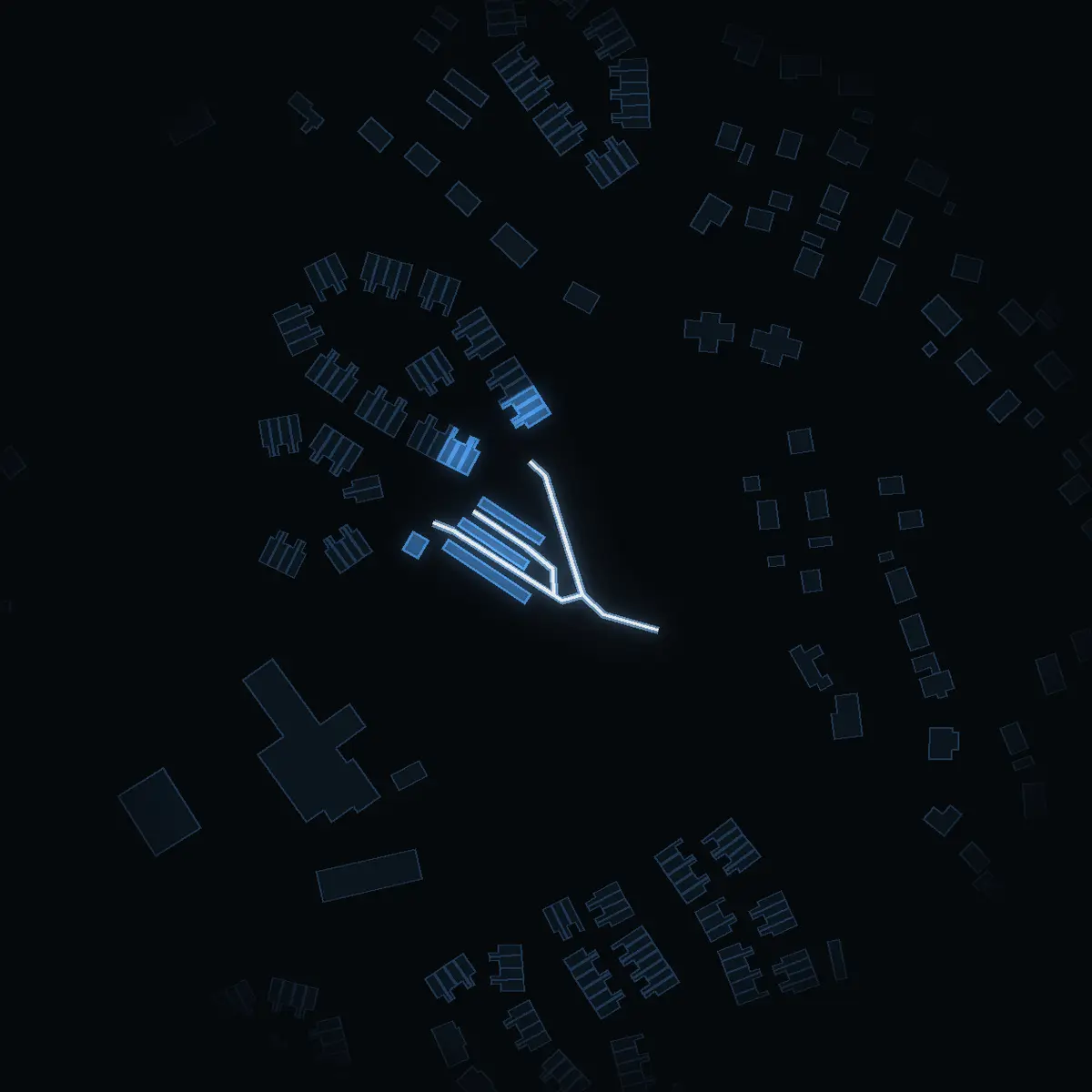 The street at night: Altvägen drawn in white, its buildings lit in the colour of their area’s income