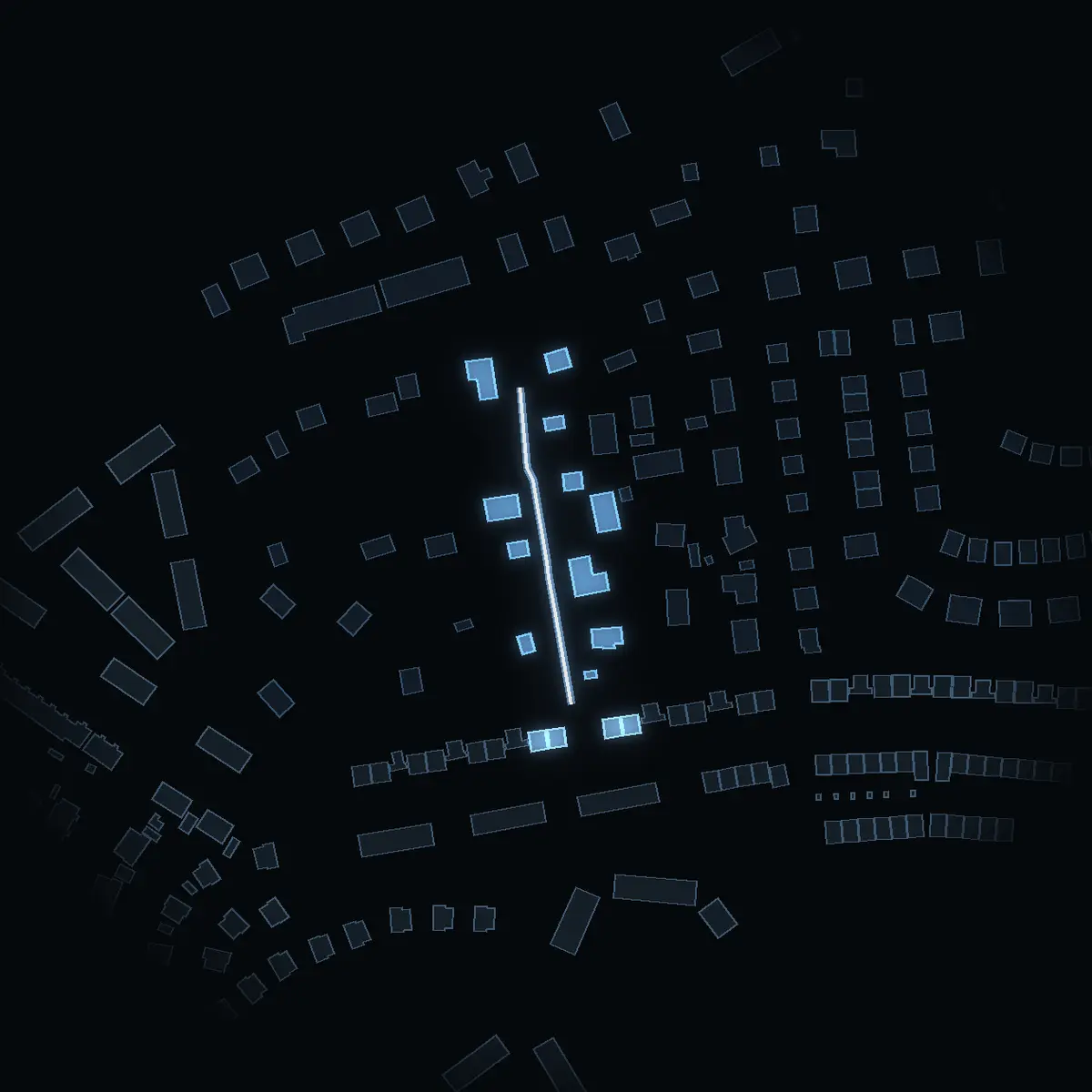 The street at night: Bivägen drawn in white, its buildings lit in the colour of their area’s income