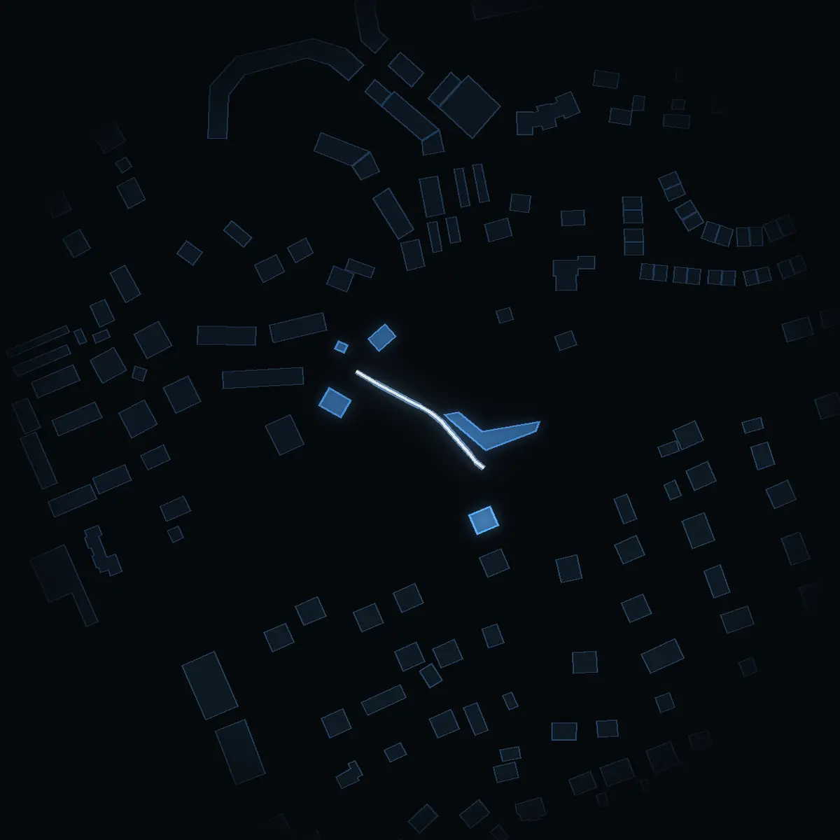 The street at night: Blombacken drawn in white, its buildings lit in the colour of their area’s income