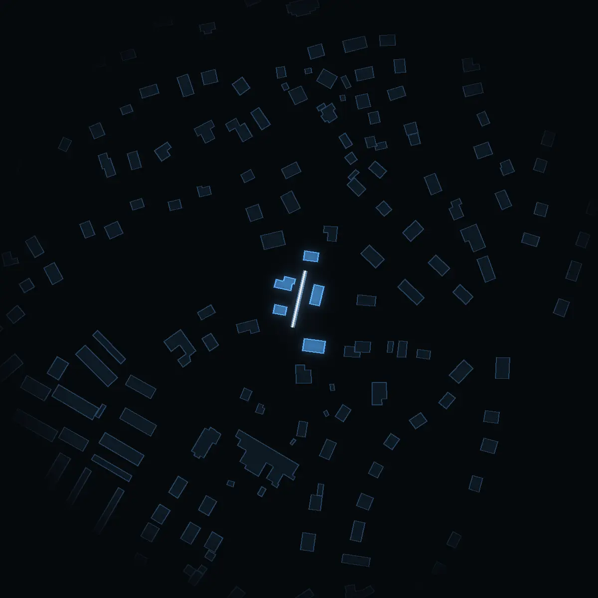 The street at night: Bokvägen drawn in white, its buildings lit in the colour of their area’s income
