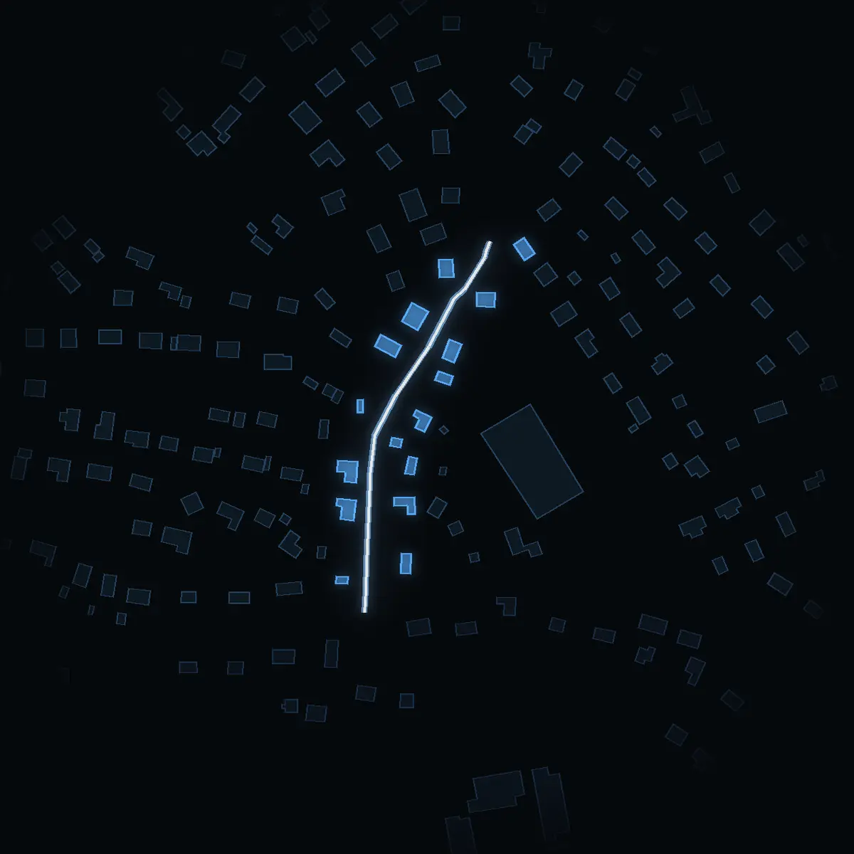 The street at night: Bondevägen drawn in white, its buildings lit in the colour of their area’s income