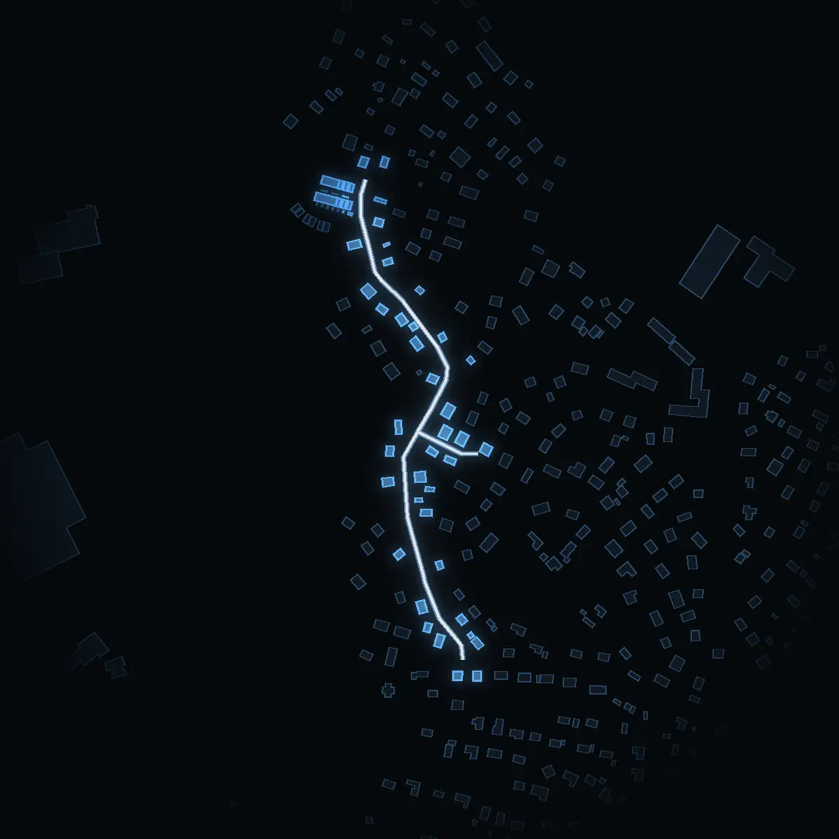 The street at night: Branta backen drawn in white, its buildings lit in the colour of their area’s income