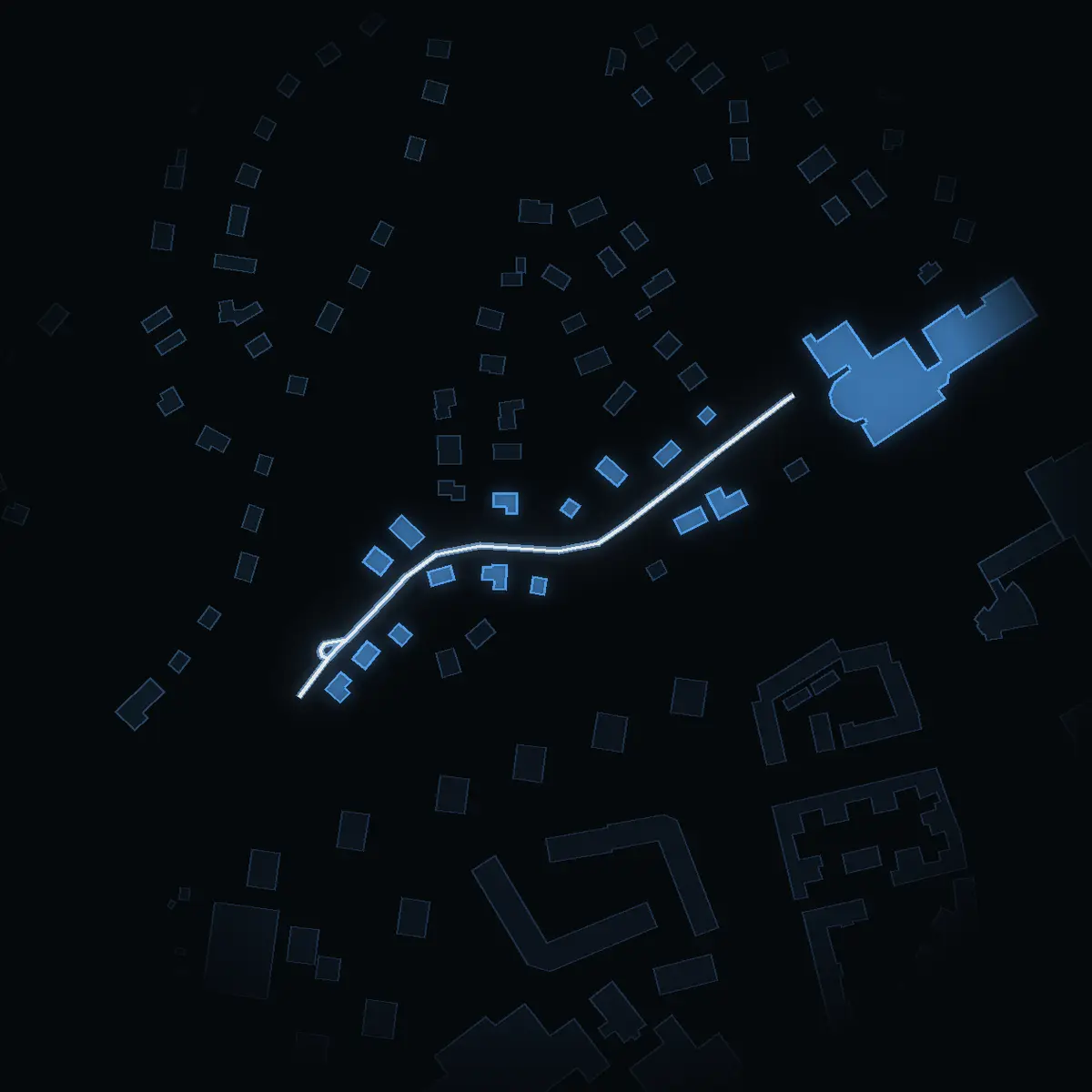 The street at night: Bryggarvägen drawn in white, its buildings lit in the colour of their area’s income