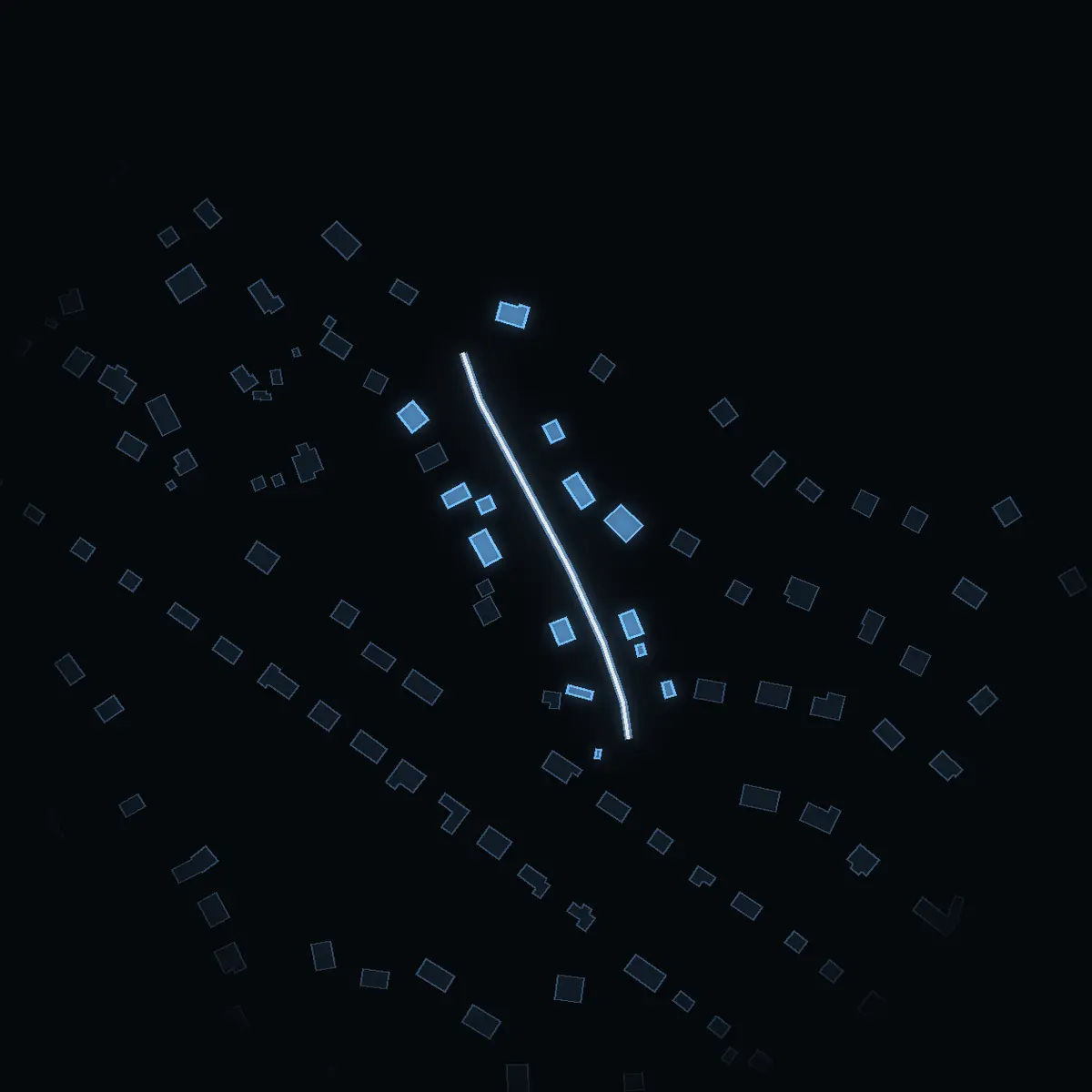 The street at night: Byfogdevägen drawn in white, its buildings lit in the colour of their area’s income