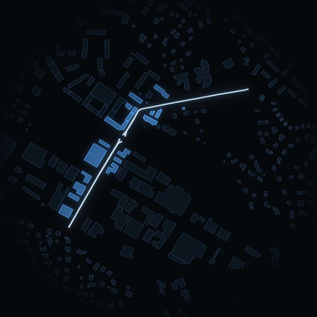 The street at night: Centralvägen drawn in white, its buildings lit in the colour of their area’s income