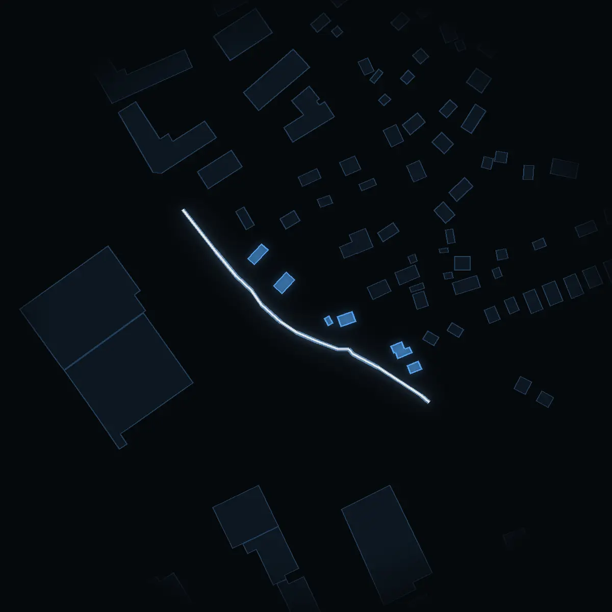 The street at night: Clement Skrivares väg drawn in white, its buildings lit in the colour of their area’s income