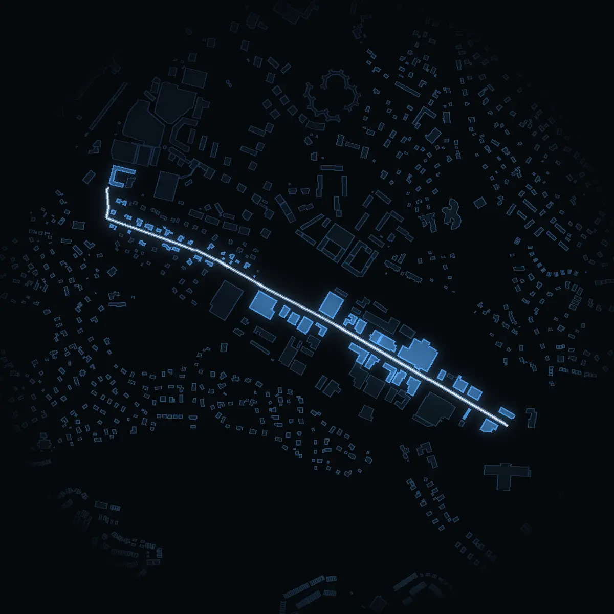The street at night: Dalhemsvägen drawn in white, its buildings lit in the colour of their area’s income