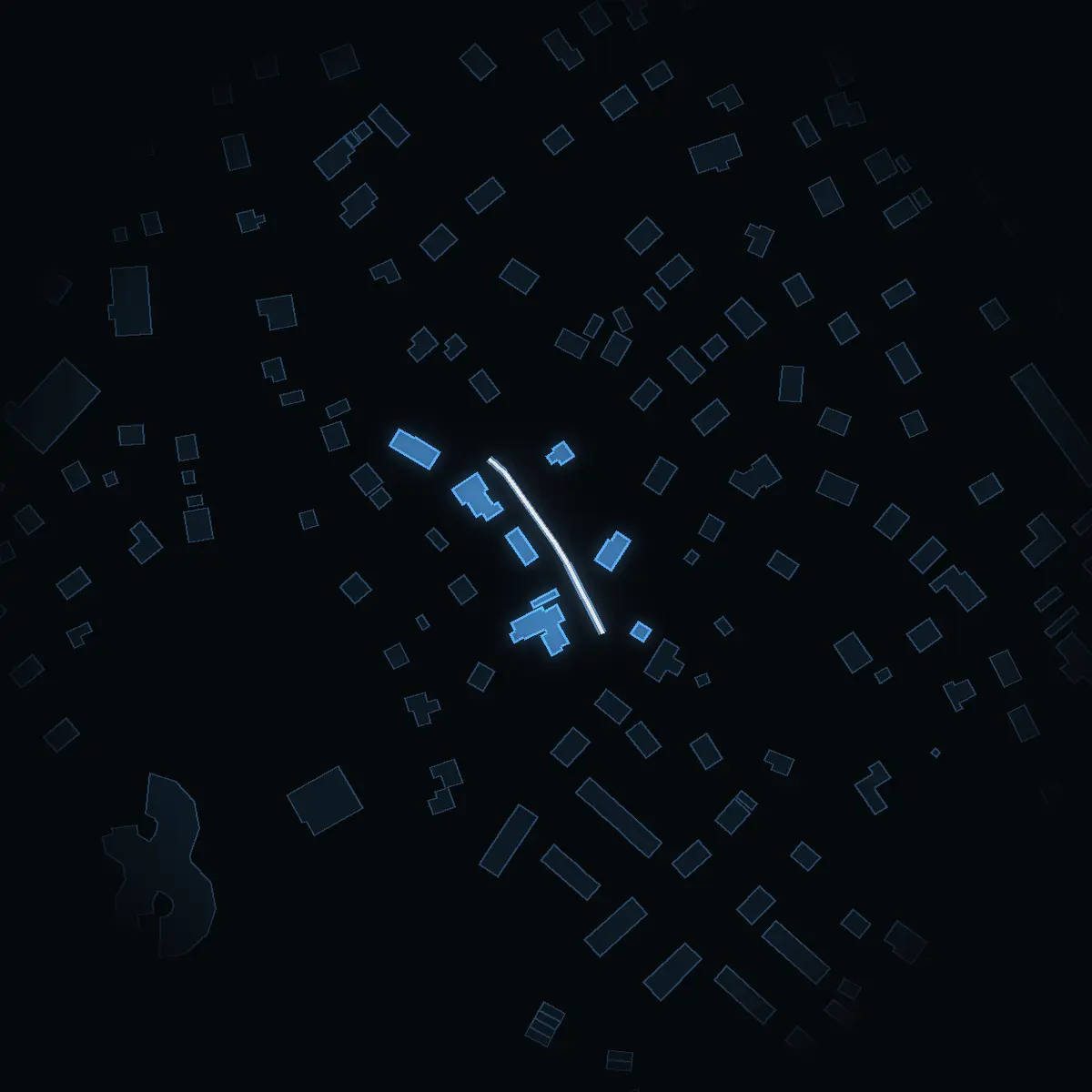 The street at night: Dalstigen drawn in white, its buildings lit in the colour of their area’s income