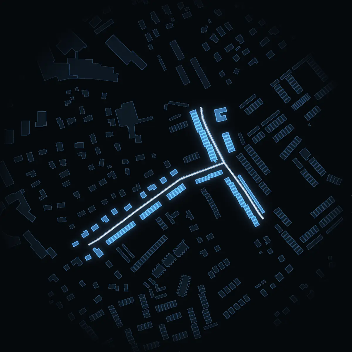 The street at night: Dalvägen drawn in white, its buildings lit in the colour of their area’s income