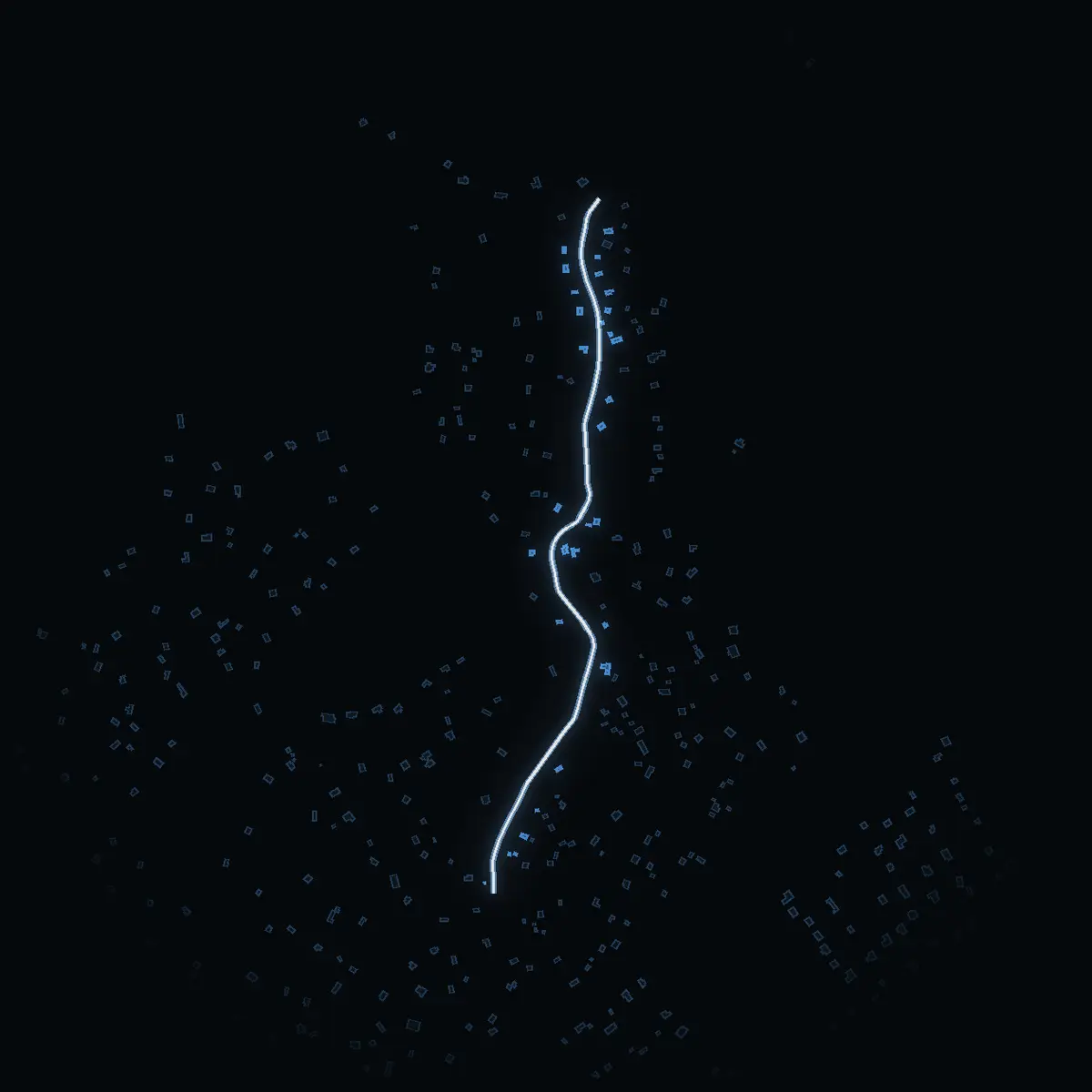 The street at night: Doktorsvägen drawn in white, its buildings lit in the colour of their area’s income