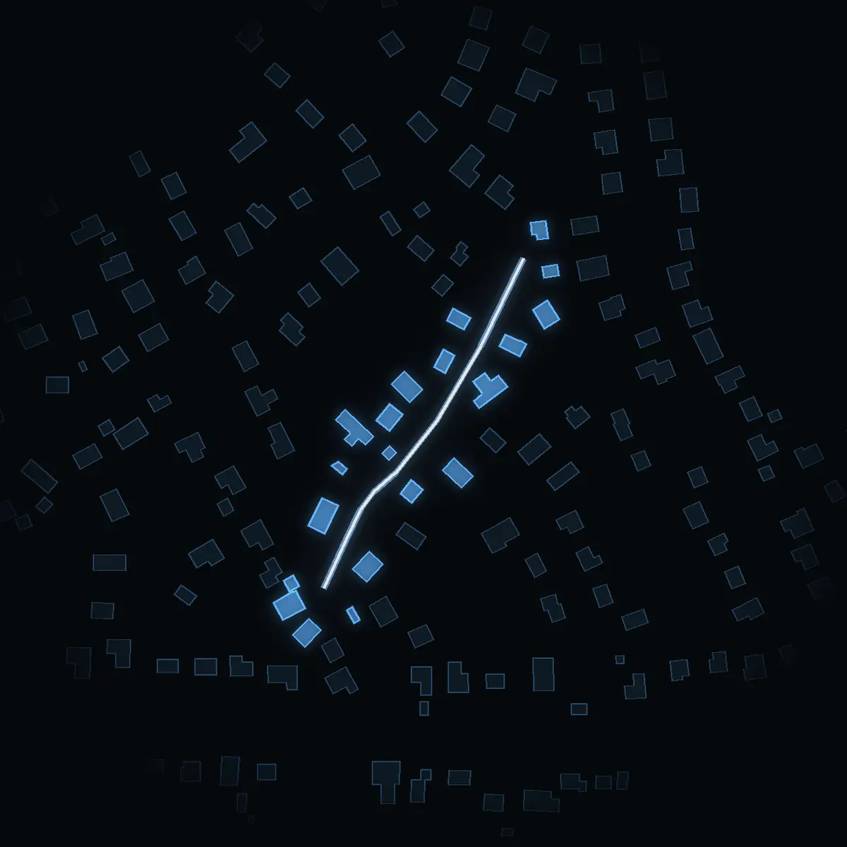 The street at night: Drevkarlsvägen drawn in white, its buildings lit in the colour of their area’s income