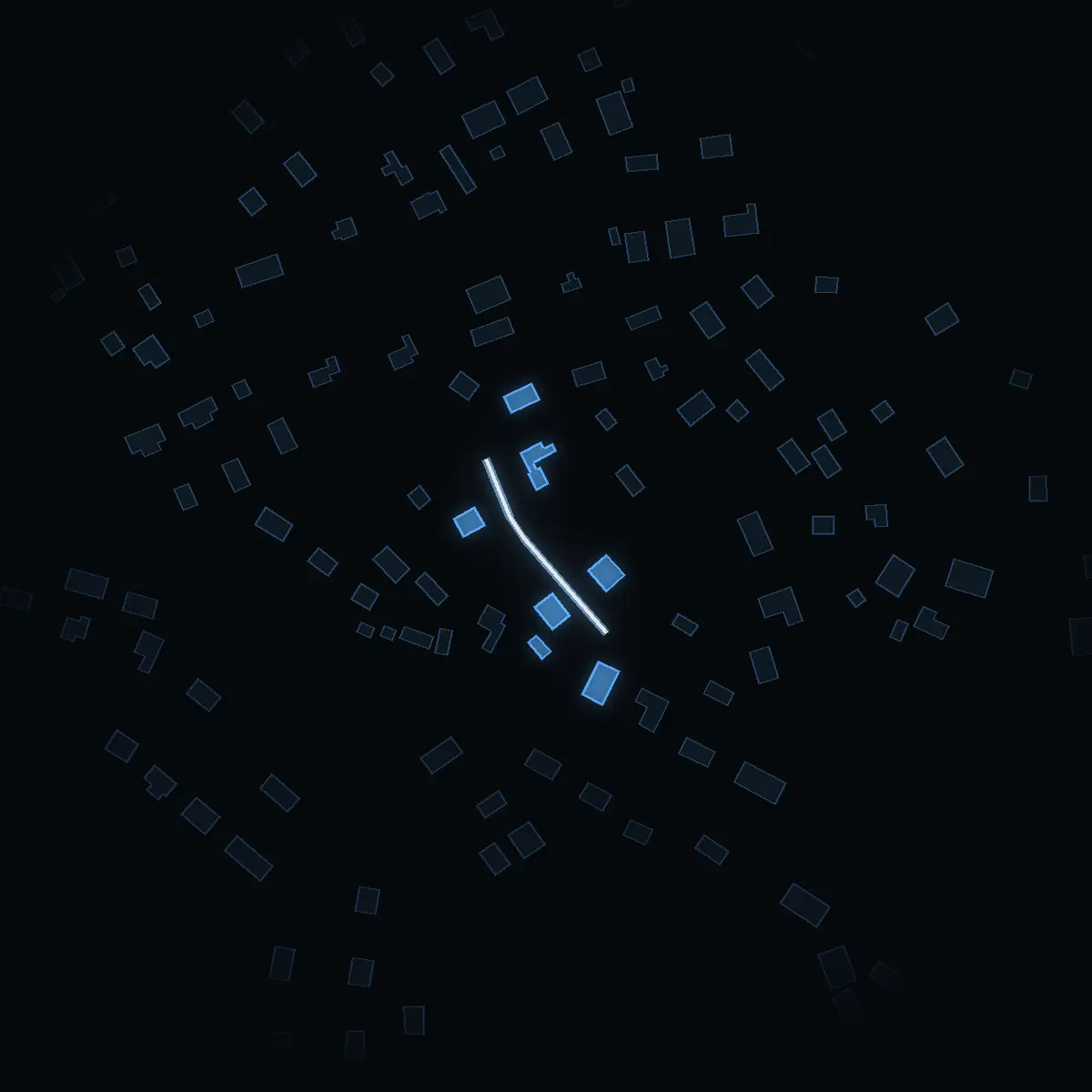 The street at night: Drottningstigen drawn in white, its buildings lit in the colour of their area’s income