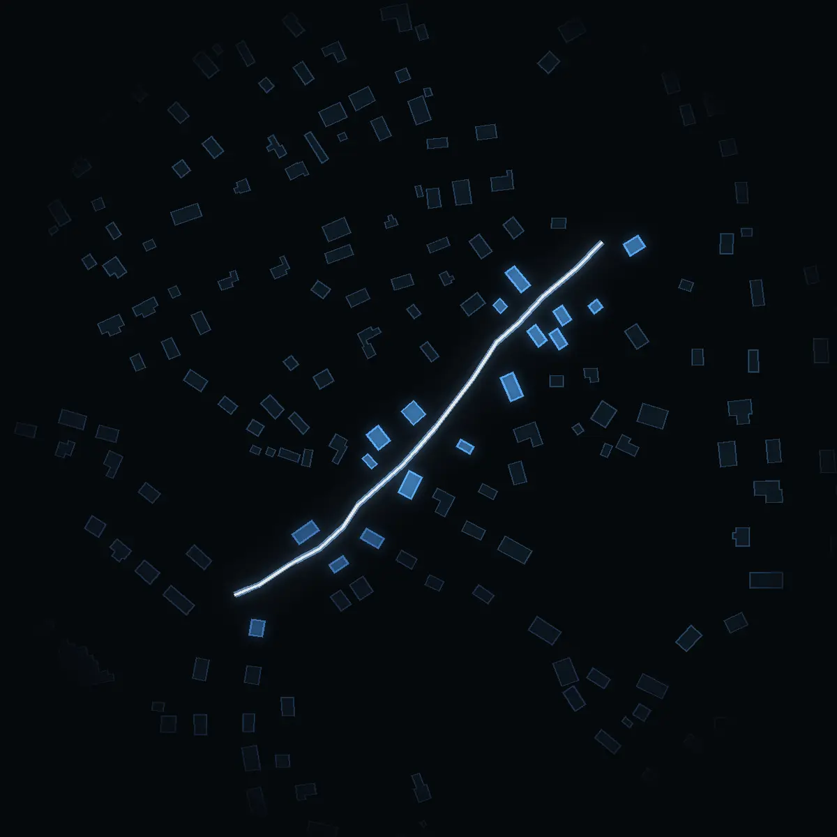 The street at night: Drottningvägen drawn in white, its buildings lit in the colour of their area’s income