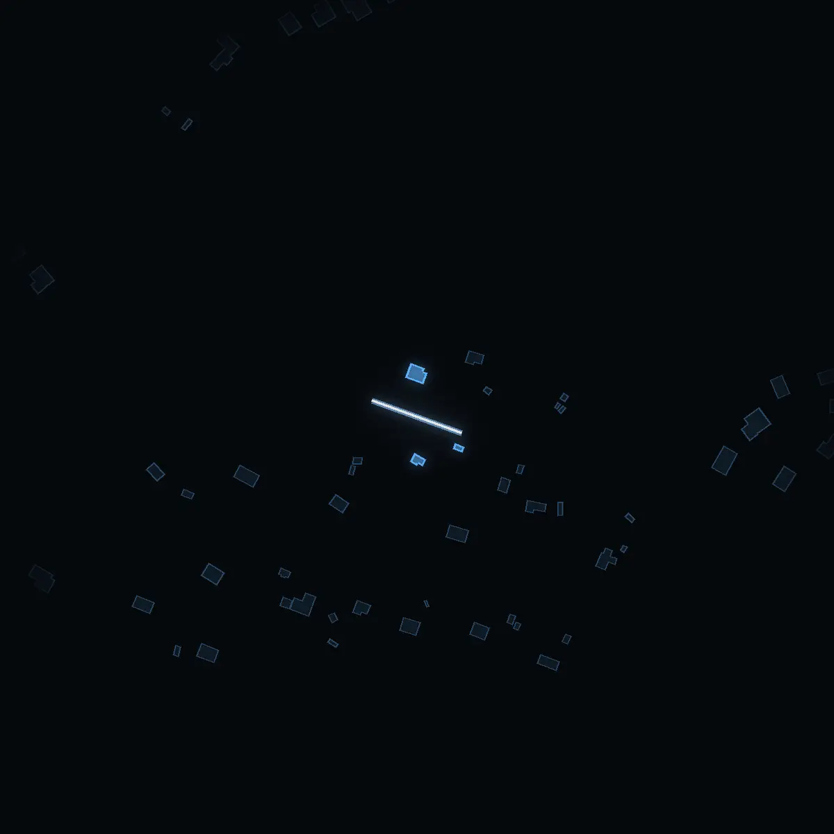 The street at night: Eddastigen drawn in white, its buildings lit in the colour of their area’s income