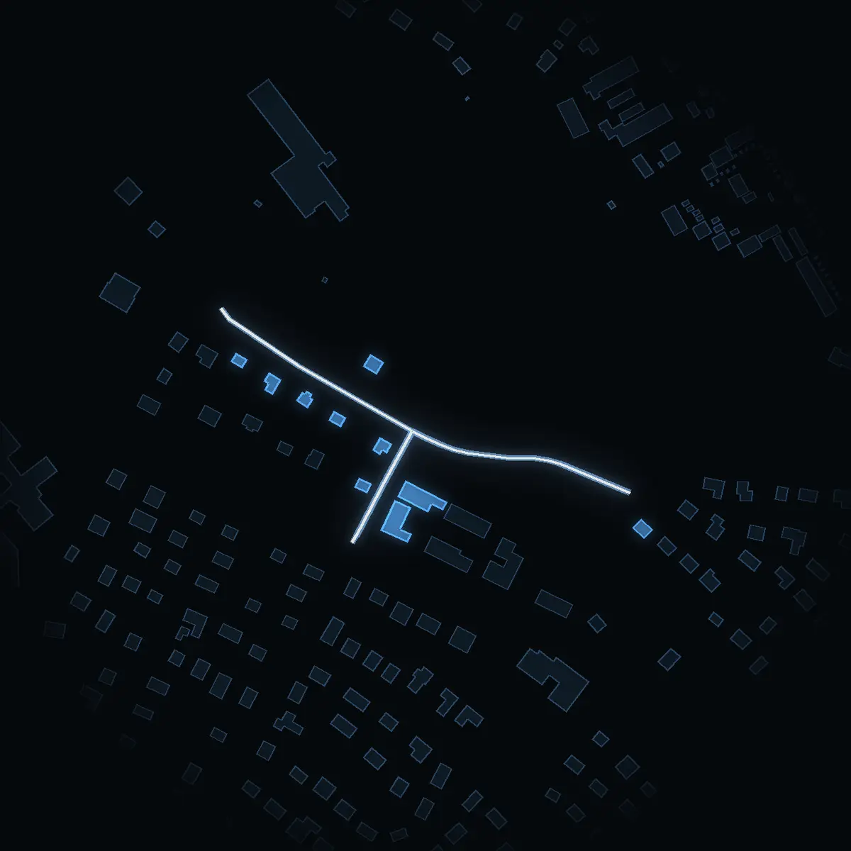 The street at night: Ekebergsvägen drawn in white, its buildings lit in the colour of their area’s income